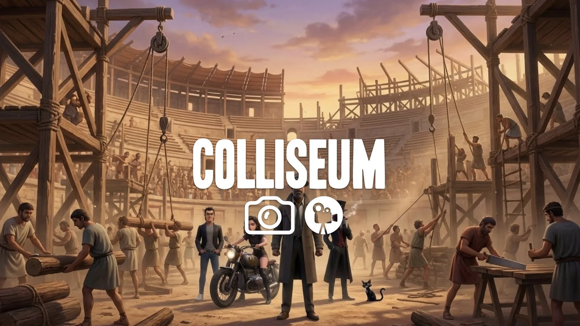 1. Massive wooden arena under construction scaffolding ropes slaves working dusty sunset Capua epic scale no music