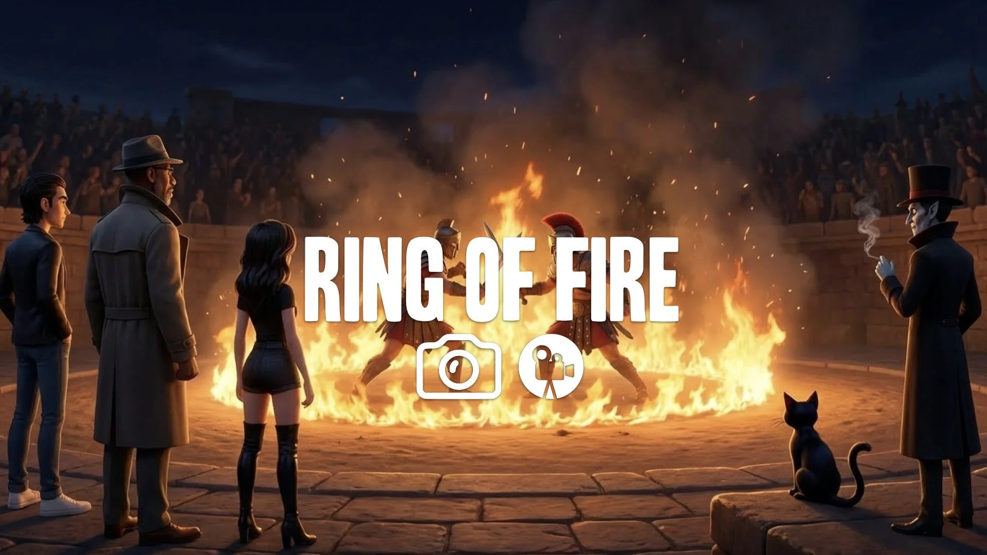 1. Ring of fire in arena gladiators fighting inside flames intense heat smoke rising night spectacle no music