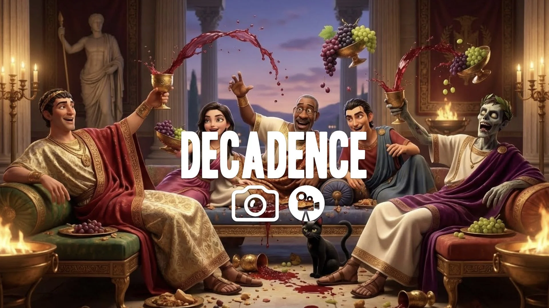 1. Roman feast slow motion wine spilling grapes dropping hedonistic behavior rich fabrics gold light no music