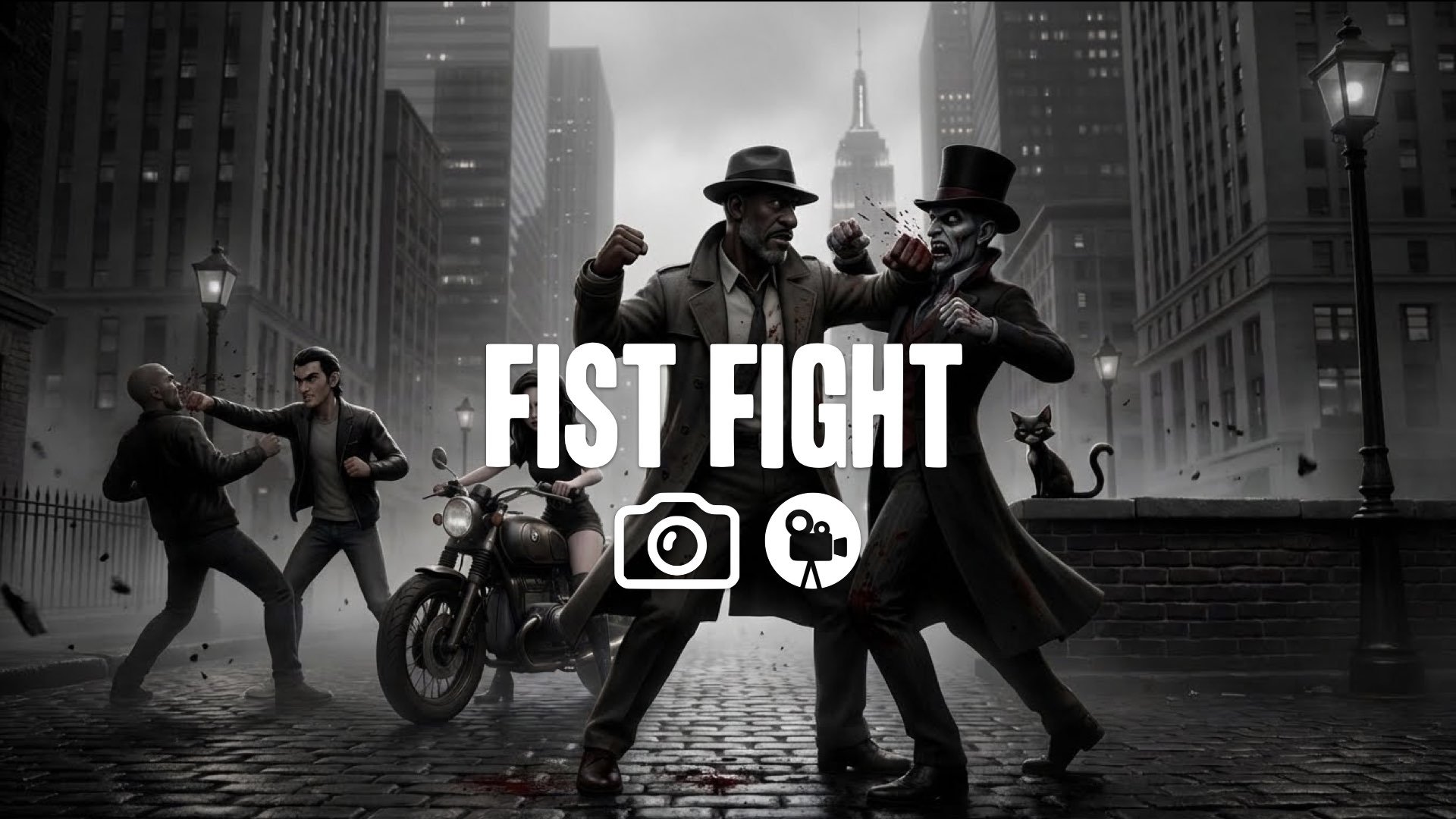 1. Brutal street fight alleyway cobblestones fists flying blood splatter gritty texture dark shadows no music