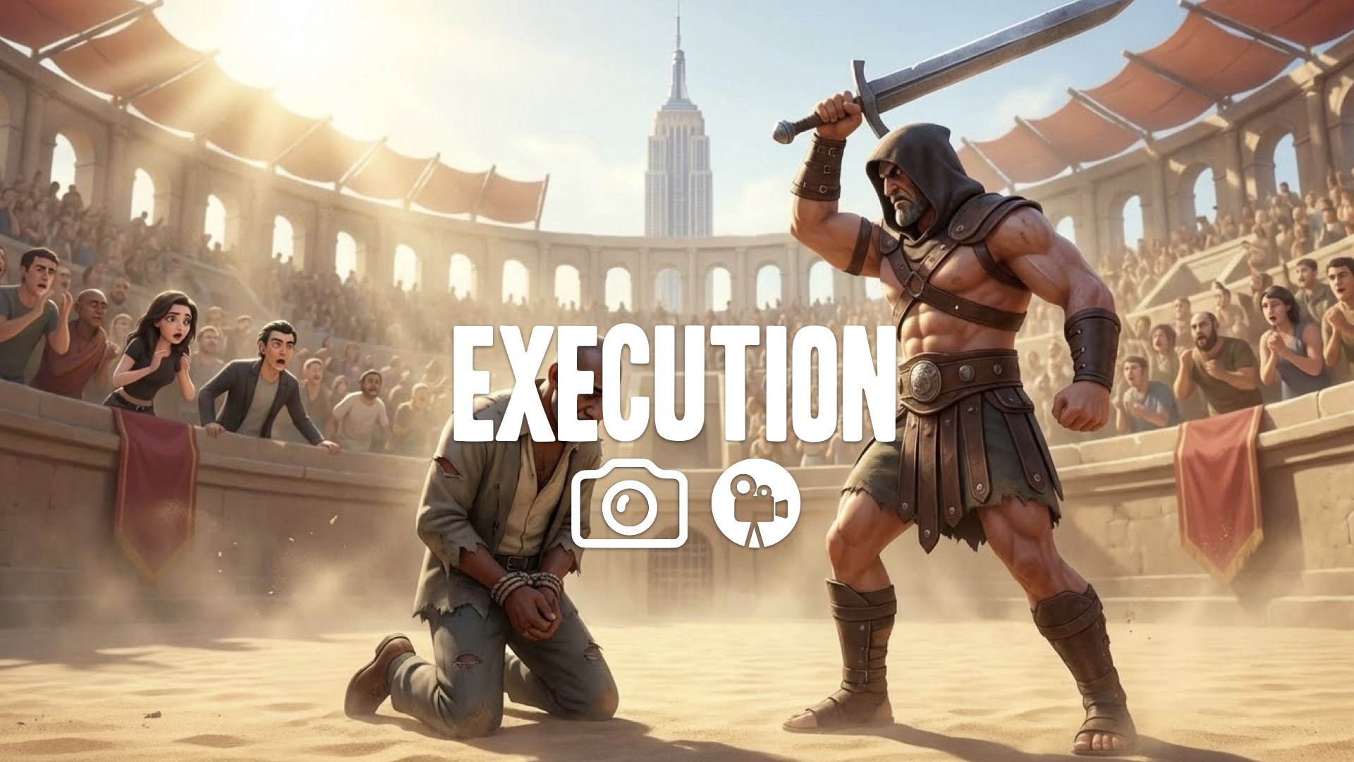 1. Kneeling prisoner in arena sand executioner sword raised silent crowd tense anticipation bright sun no music