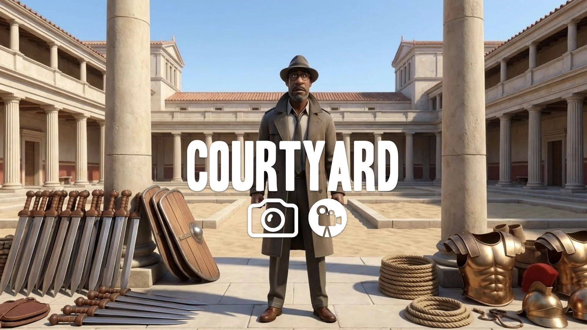 1. Batiatus ludus courtyard pristine condition new training equipment neatly stacked bright daylight wealth no music