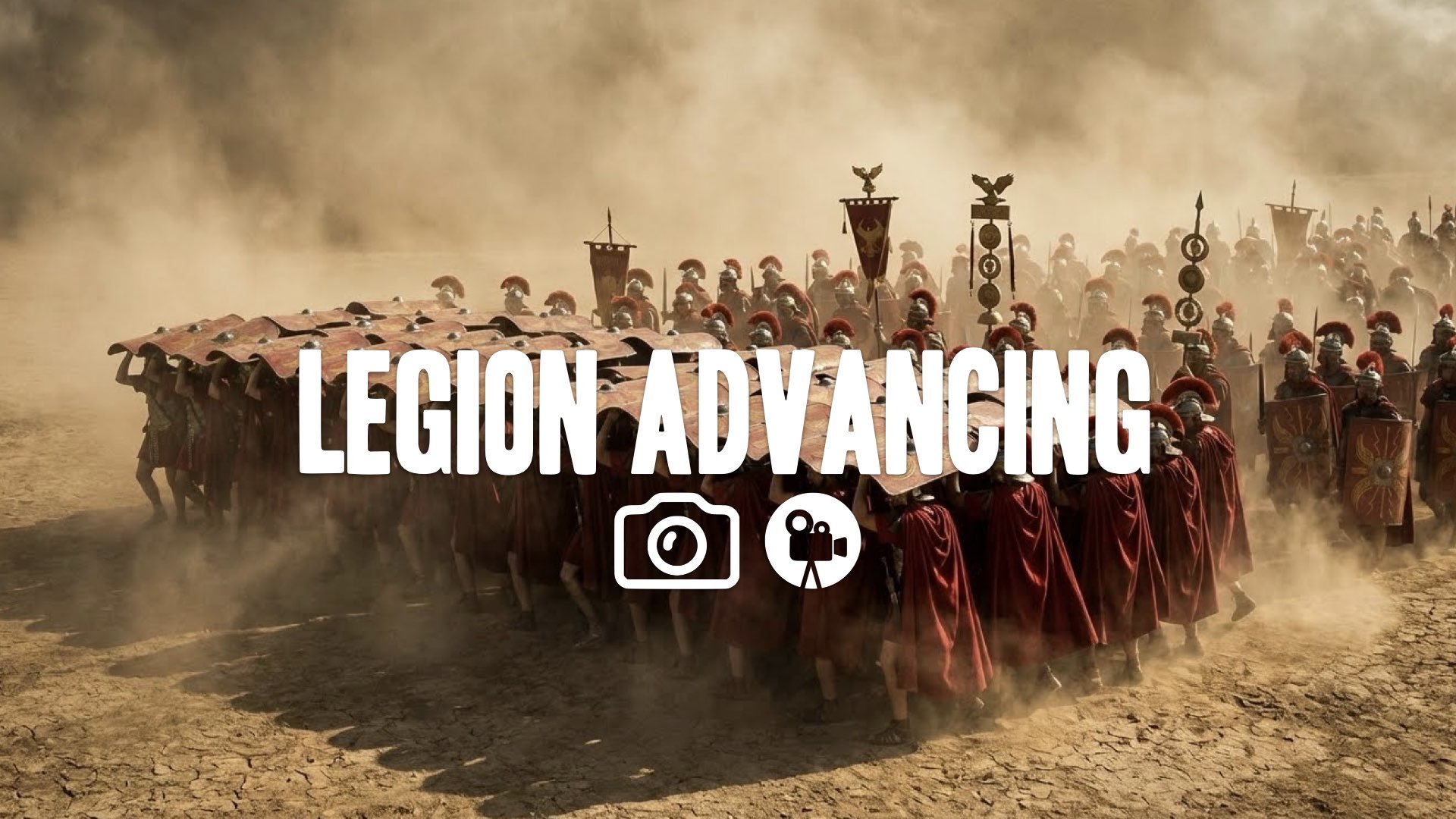 1. Roman legion marching formation red cloaks shields locked advancing dust cloud intimidation cinematic no music