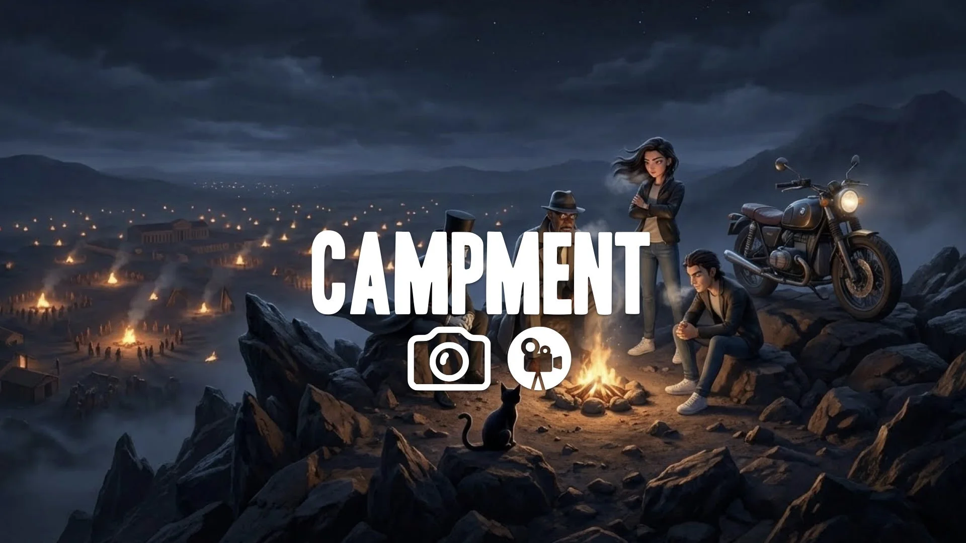 1. Camp on Mount Vesuvius jagged rocks cold wind overlooking distant Roman encampment night fires no music