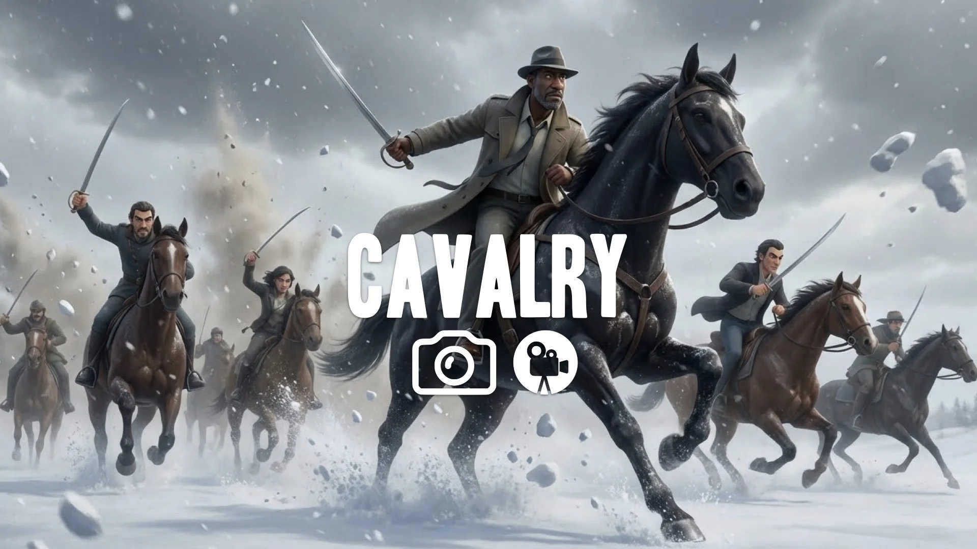 1. Epic cavalry charge horses galloping snow kicking up swords drawn collision course slow motion cinematic no music