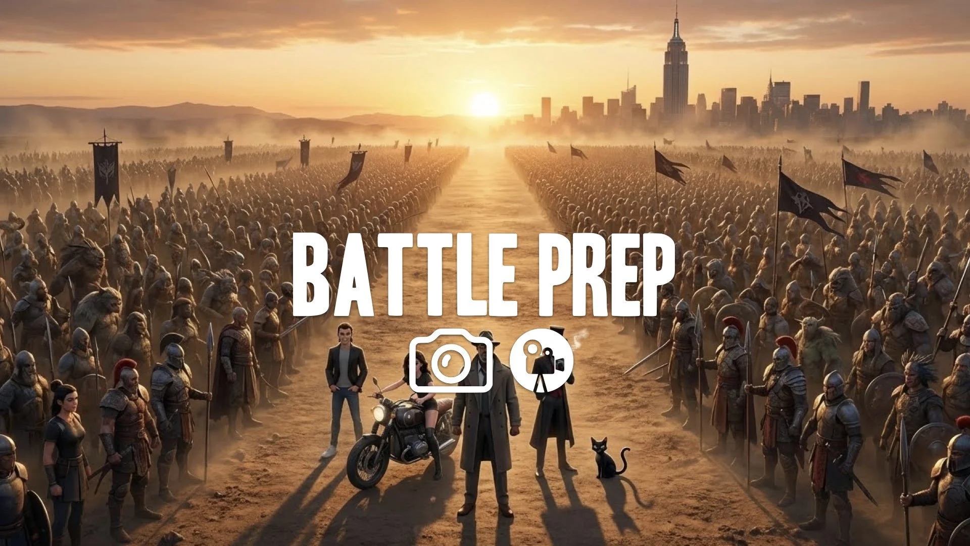 1. Final battle lines drawn two massive armies facing off across vast plain sunrise tension wide shot no music