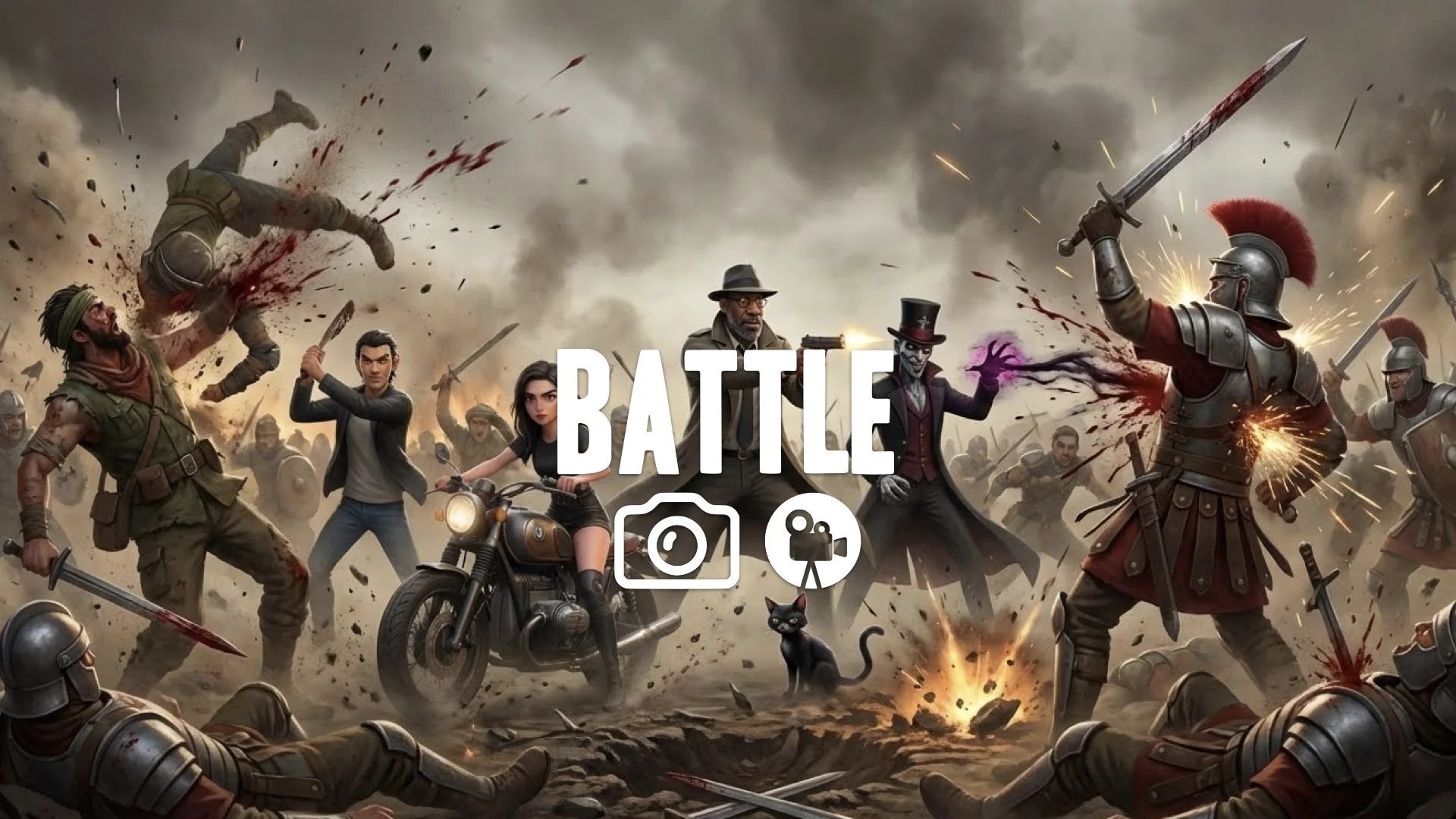 1. Massive battlefield clash rebels vs legion dust blood slow motion impact brutal violence gritty no music