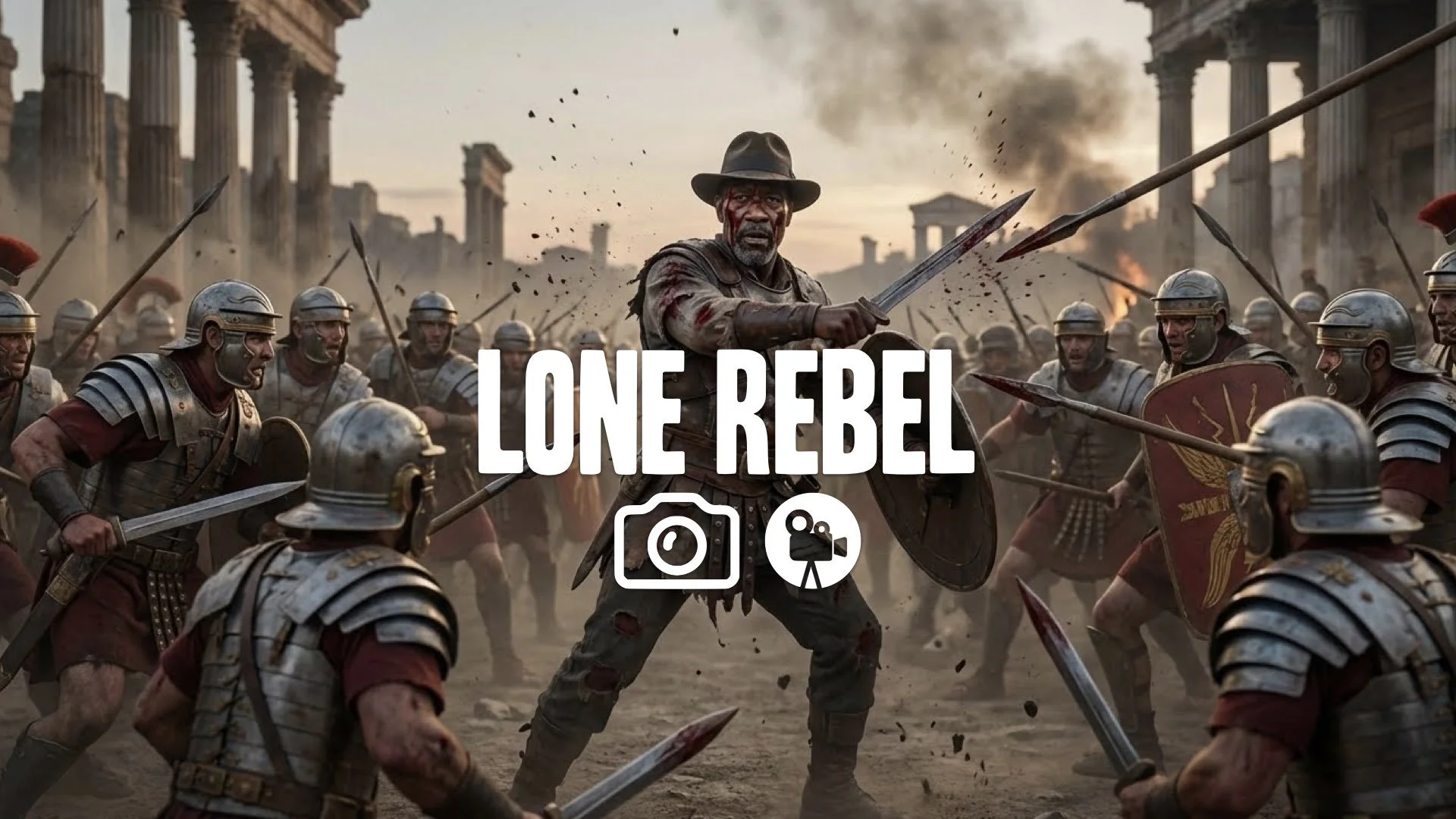 1. Lone rebel leader surrounded fighting dozens of Romans final stand exhausted bloody slow mo action no music