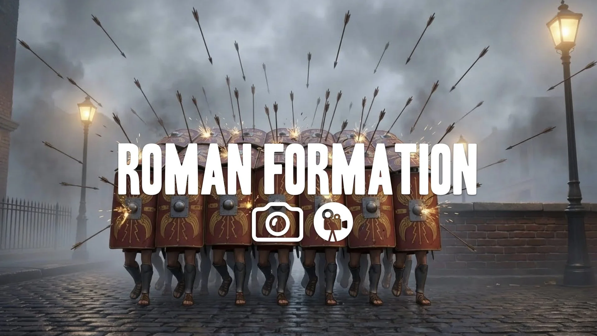 1. Roman testudo formation overlapping shields advancing under heavy arrow fire impenetrable wall sparks no music