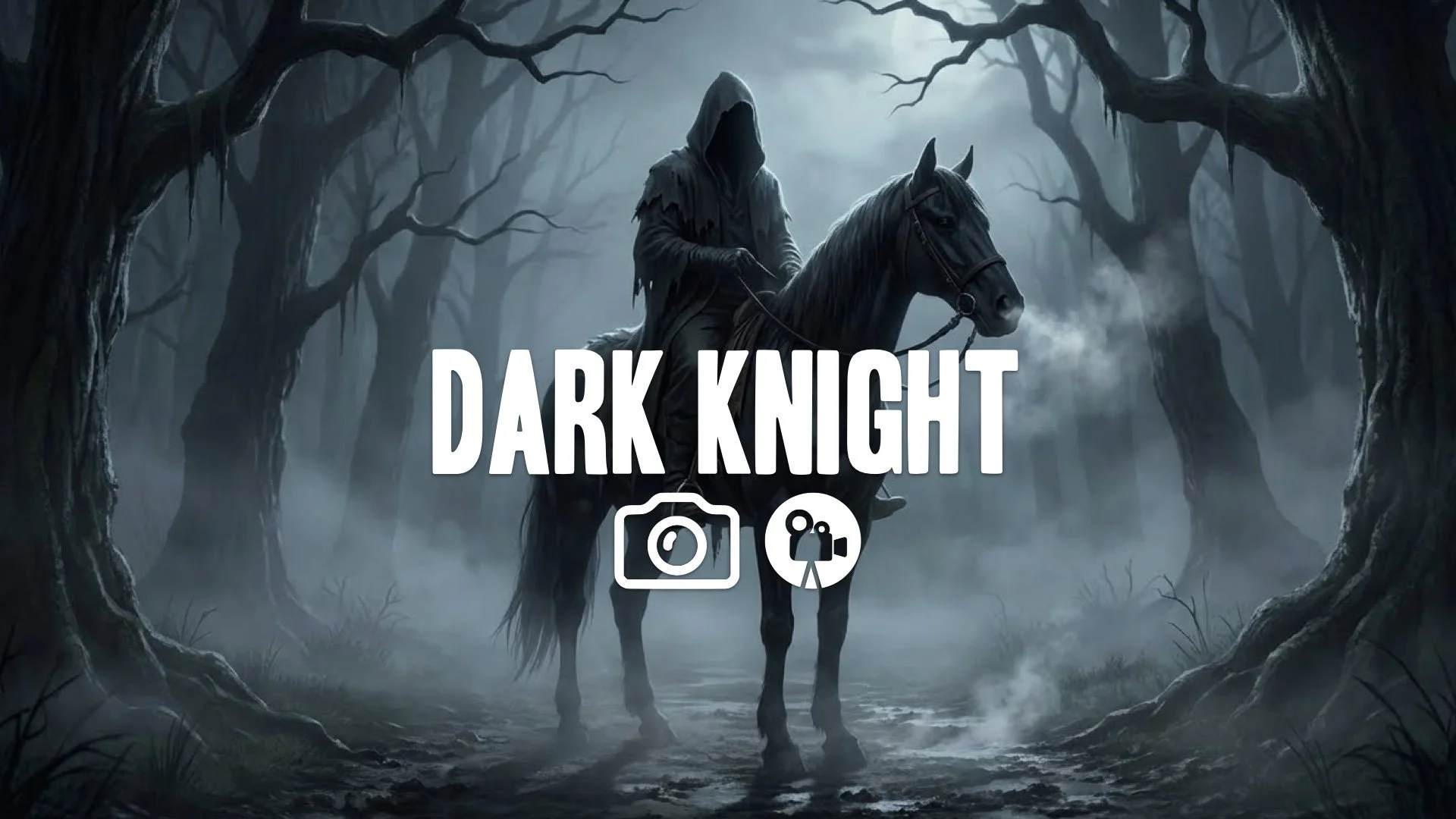 1. Black hooded rider on horseback sniffing air forest road fog spooky atmosphere night terror no music