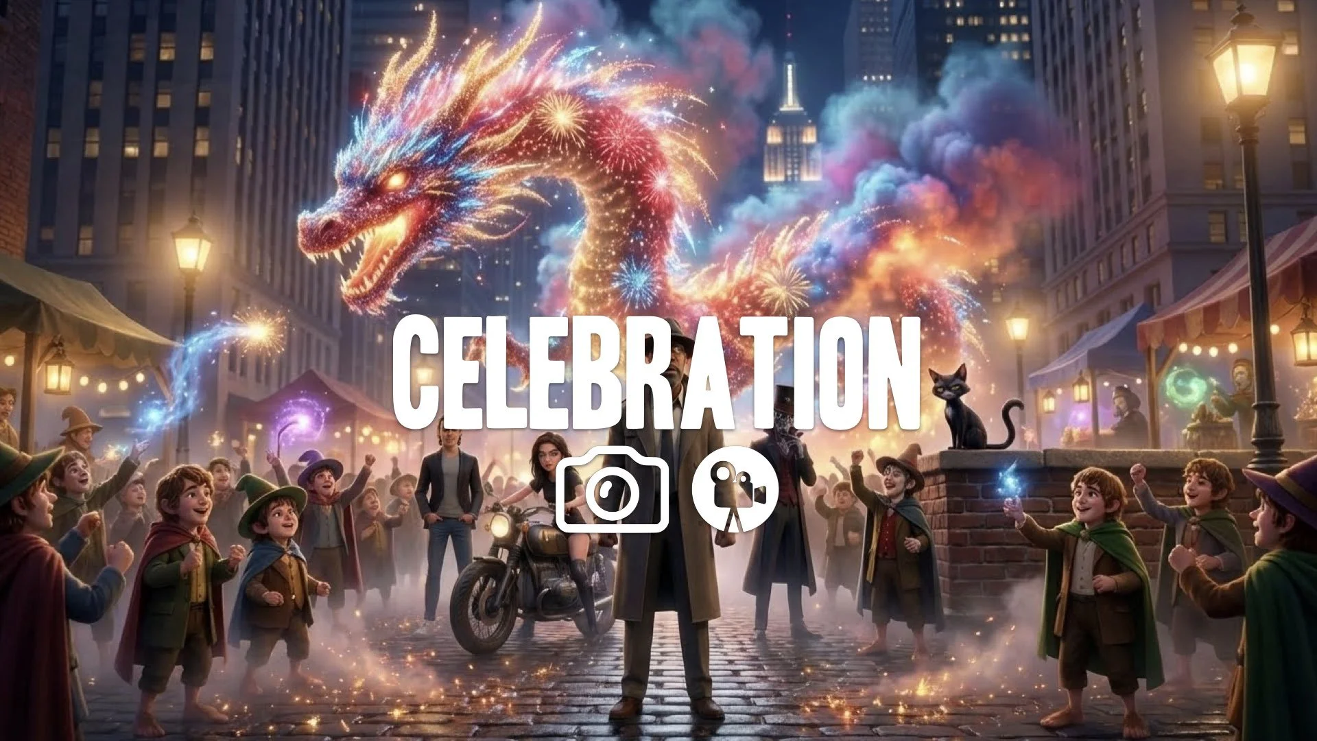 1. Giant firework dragon swooping over hobbit crowd night festival smoke sparks magic whimsy no music