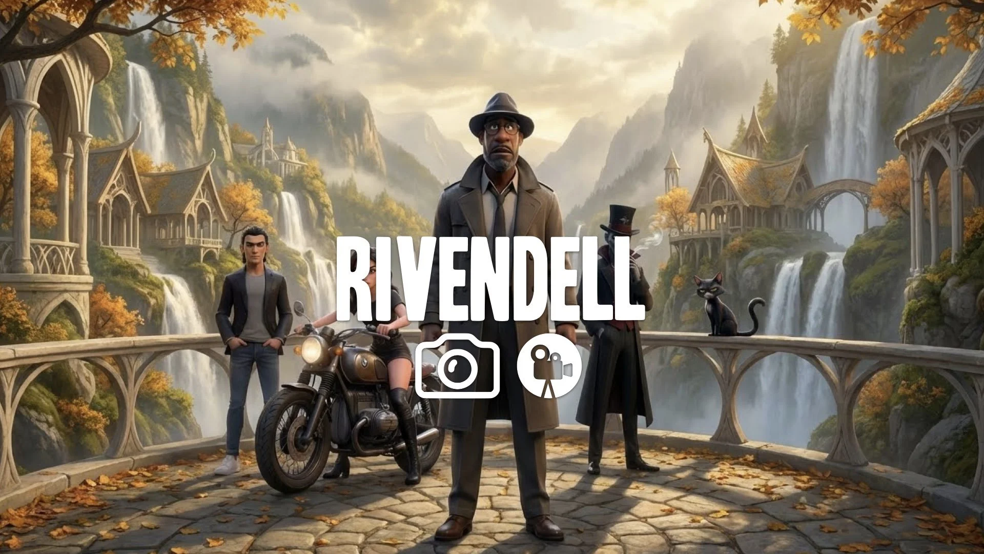 1. Rivendell valley waterfalls elegant elven architecture autumn leaves misty mountains fantasy no music