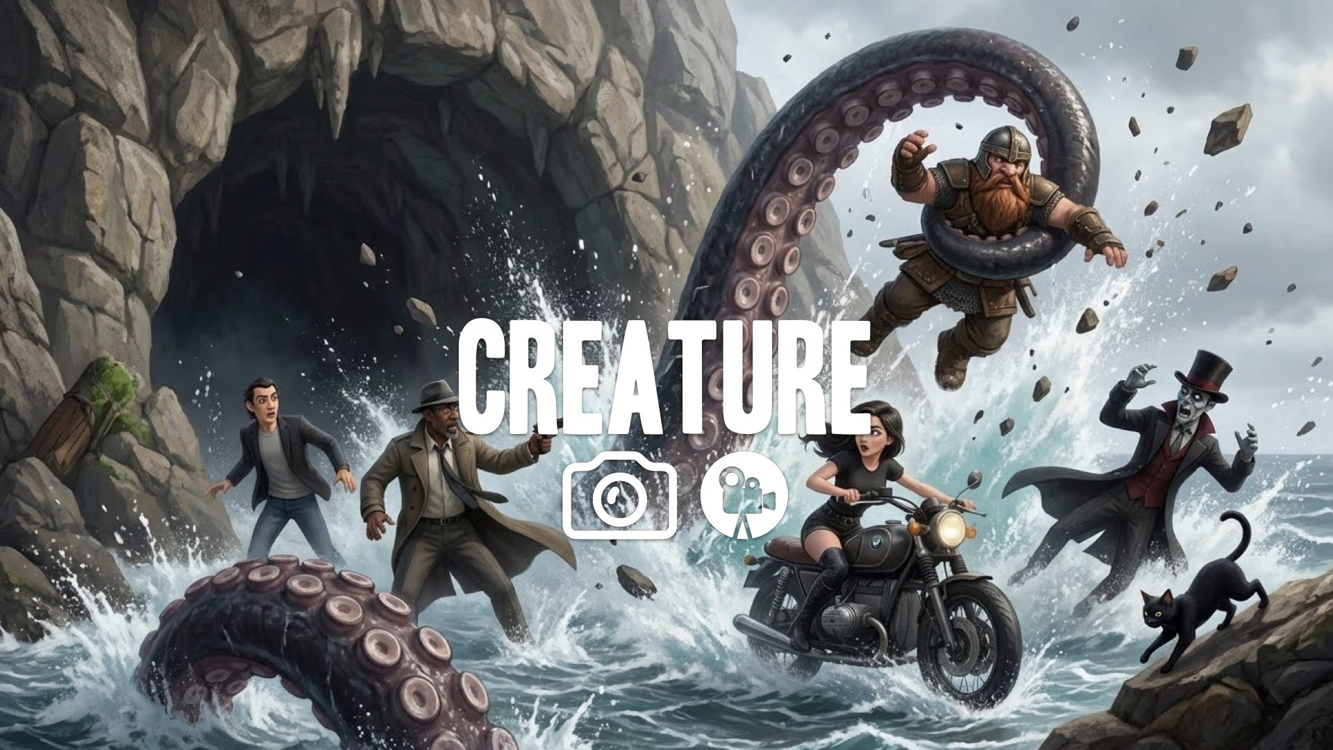 1. Giant tentacle creature splashing water grabbing dwarf outside cave entrance chaos action no music