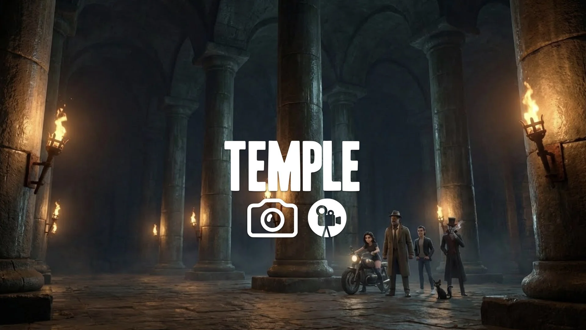 1. Massive underground hall stone columns stretching into dark torches flickering tiny figures no music