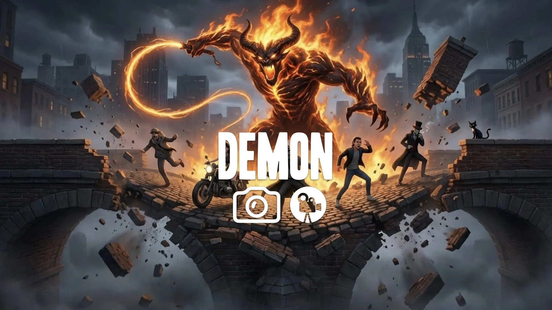 1. Giant demon of shadow and flame roaring whip cracking bridge collapsing stone falling epic no music