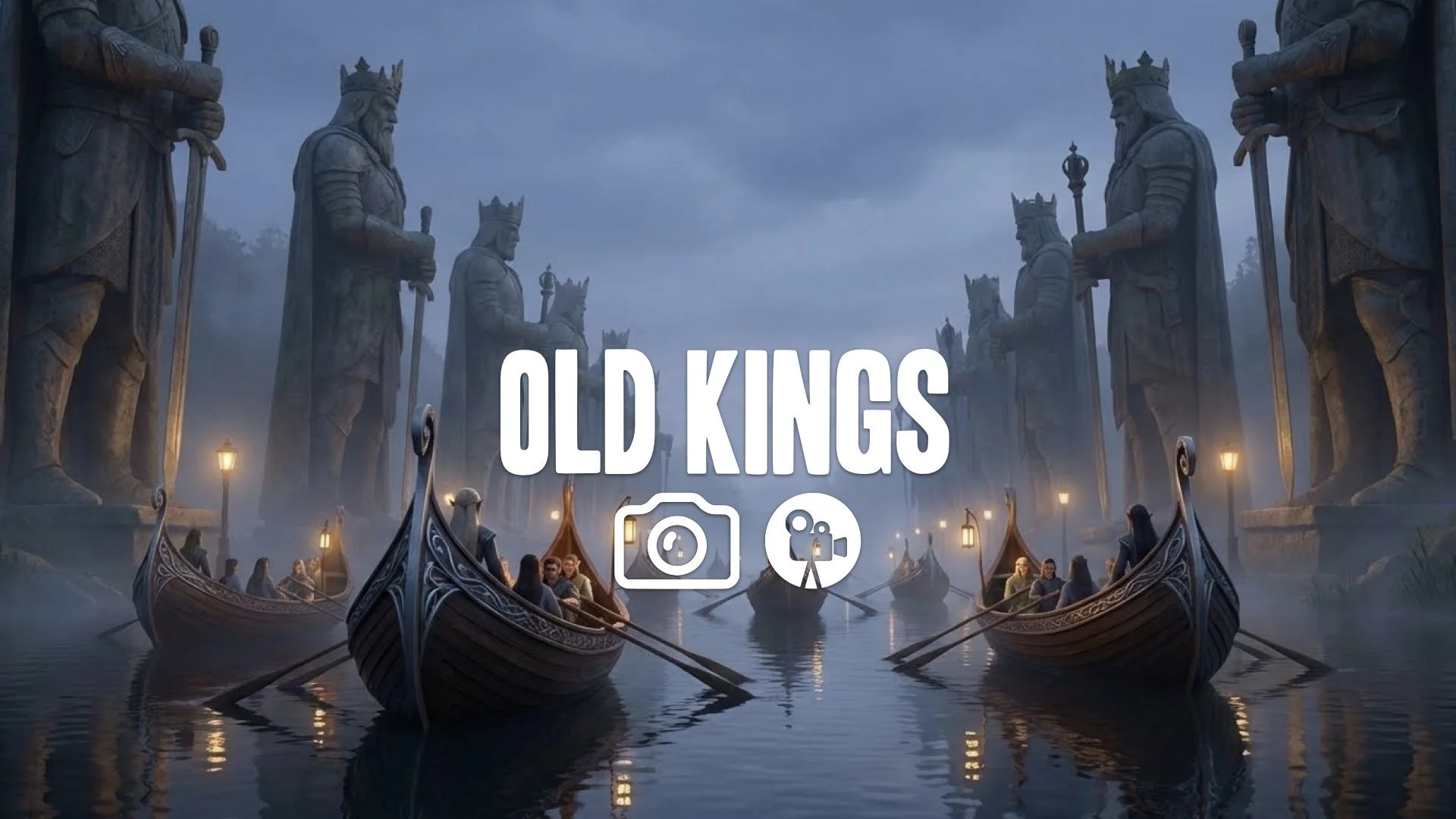 1. Elven boats rowing down river giant statues of kings towering on sides cinematic wide shot no music