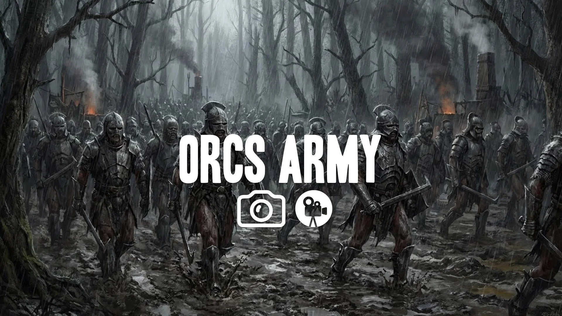 Orc army marching mud rain armor clanking dark forest menace industrial smoke no music