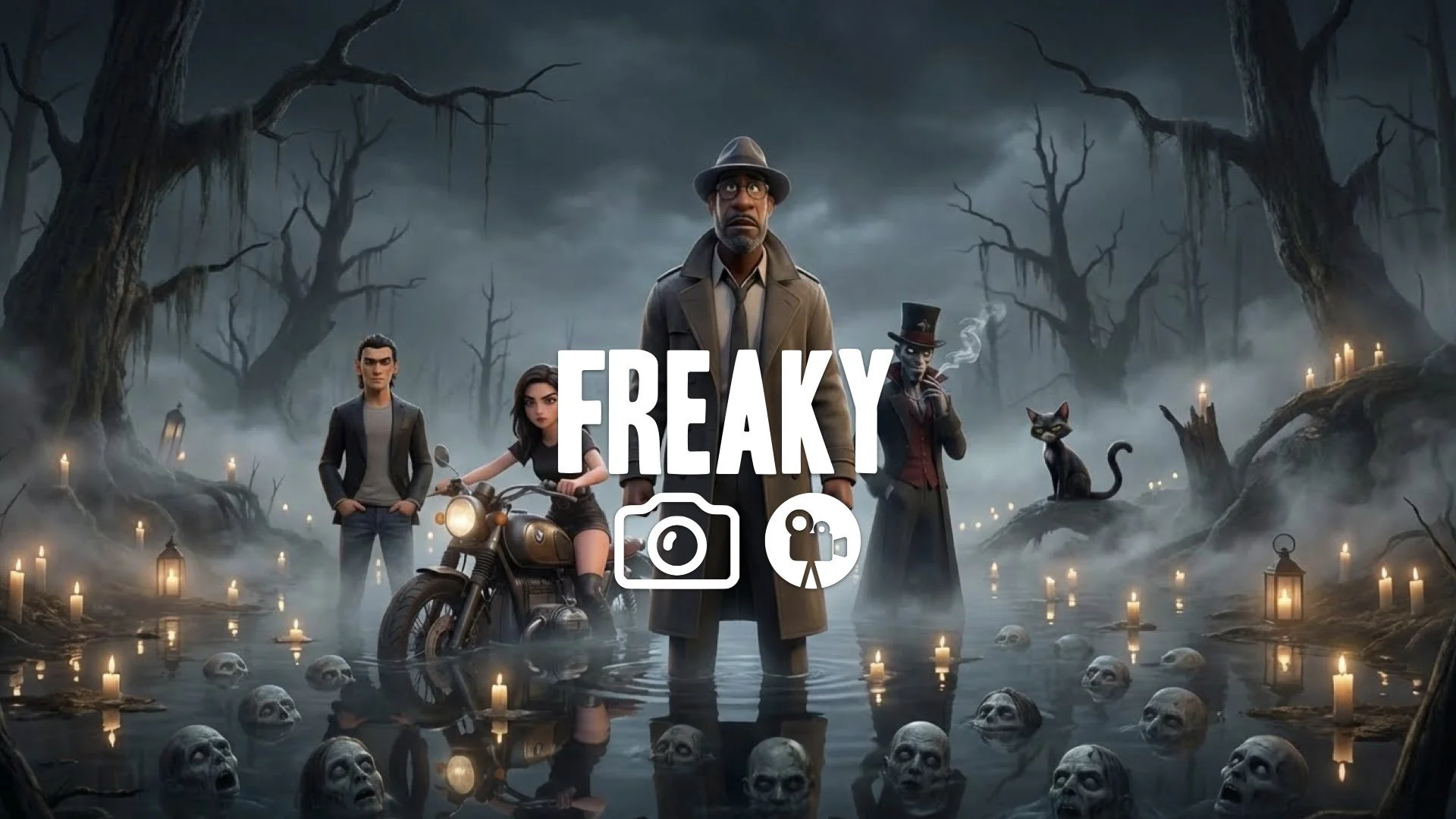 1. Dead marshes water reflection pale faces underneath candles flickering spooky fog horror vibe no music