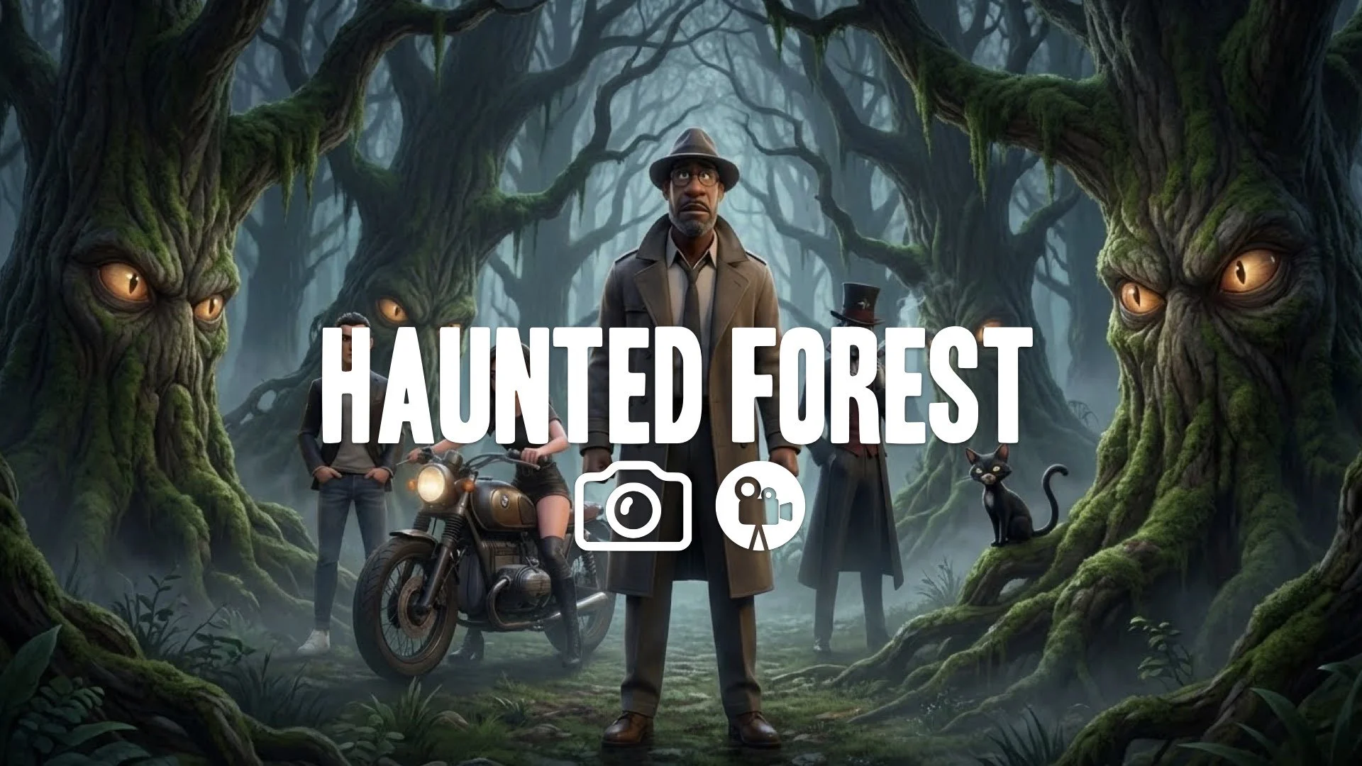 1. Ancient forest twisting trees dark atmosphere moss spooky movement ent eyes opening slow no music