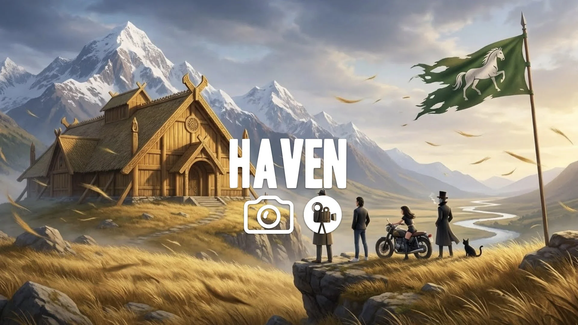 1. Golden hall on hill wind blowing flag ripped landscape view Rohan mountains majestic no music