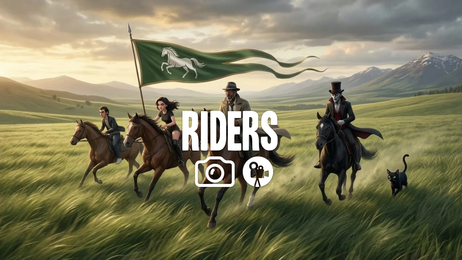 1. Riders of Rohan galloping across green plains banner flying wind sweeping grass cinematic no music