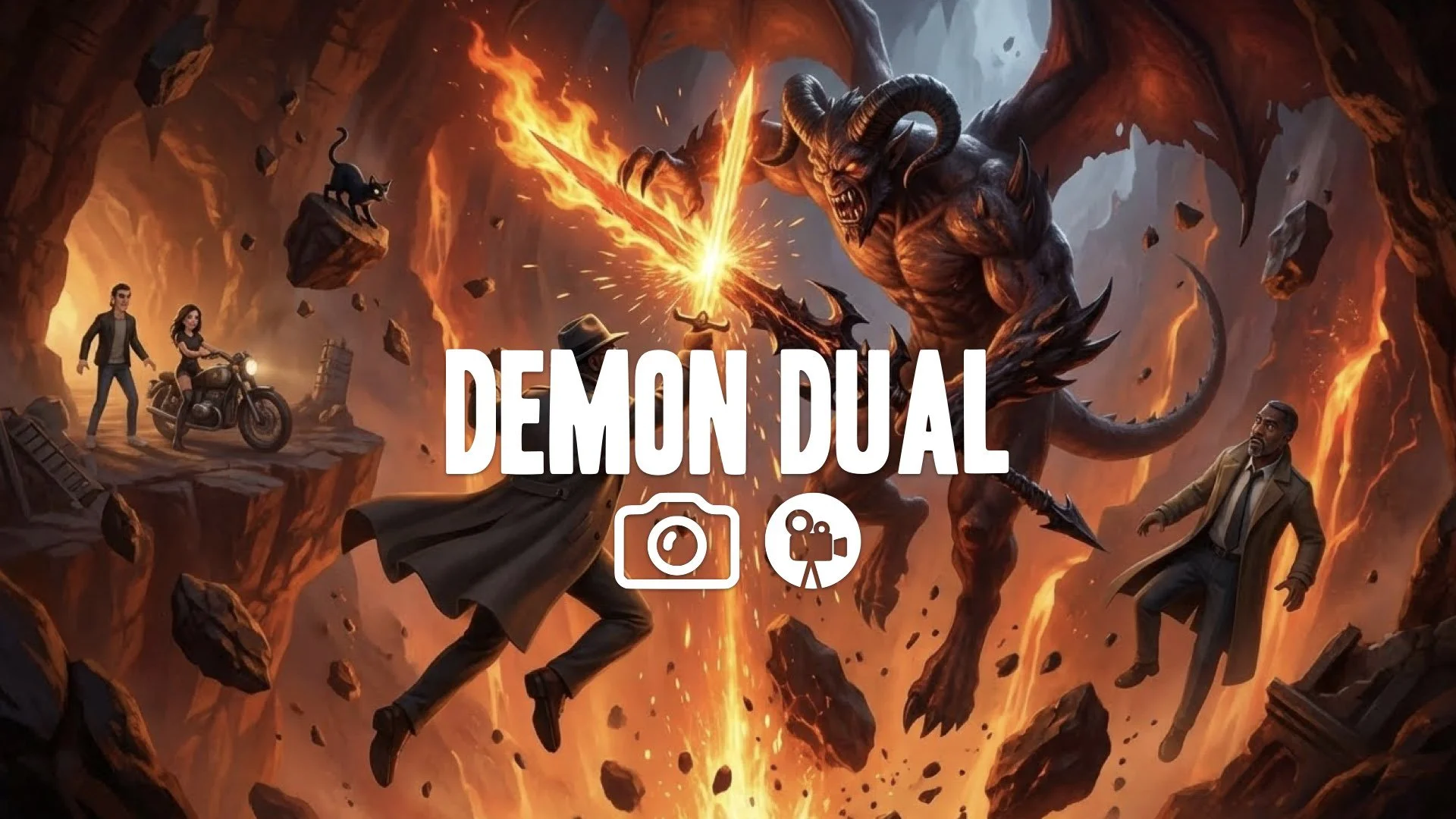 1. Wizard fighting demon falling through vast cavern fire sword clashing debris wide shot epic no music