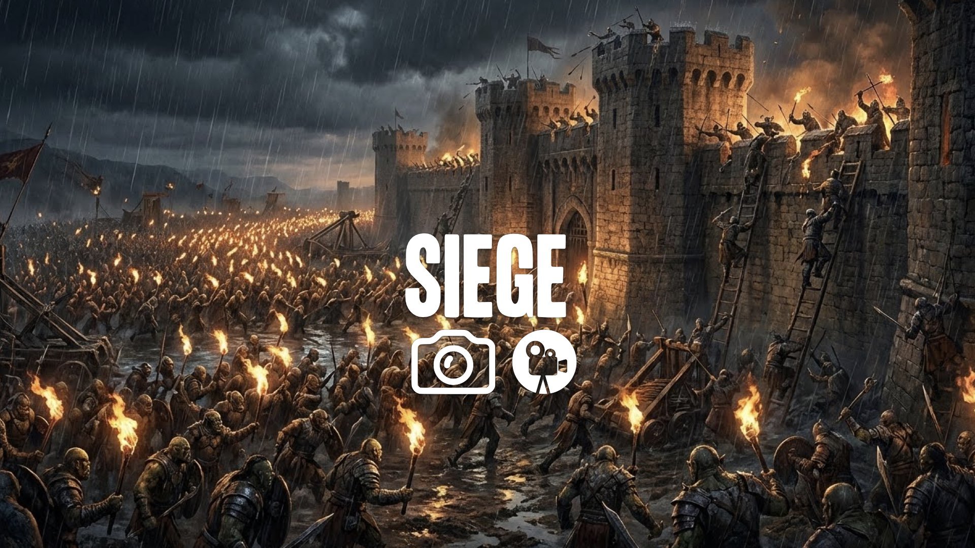 1. Massive castle wall rain pouring thousands of orc torches night battle army formation siege no music