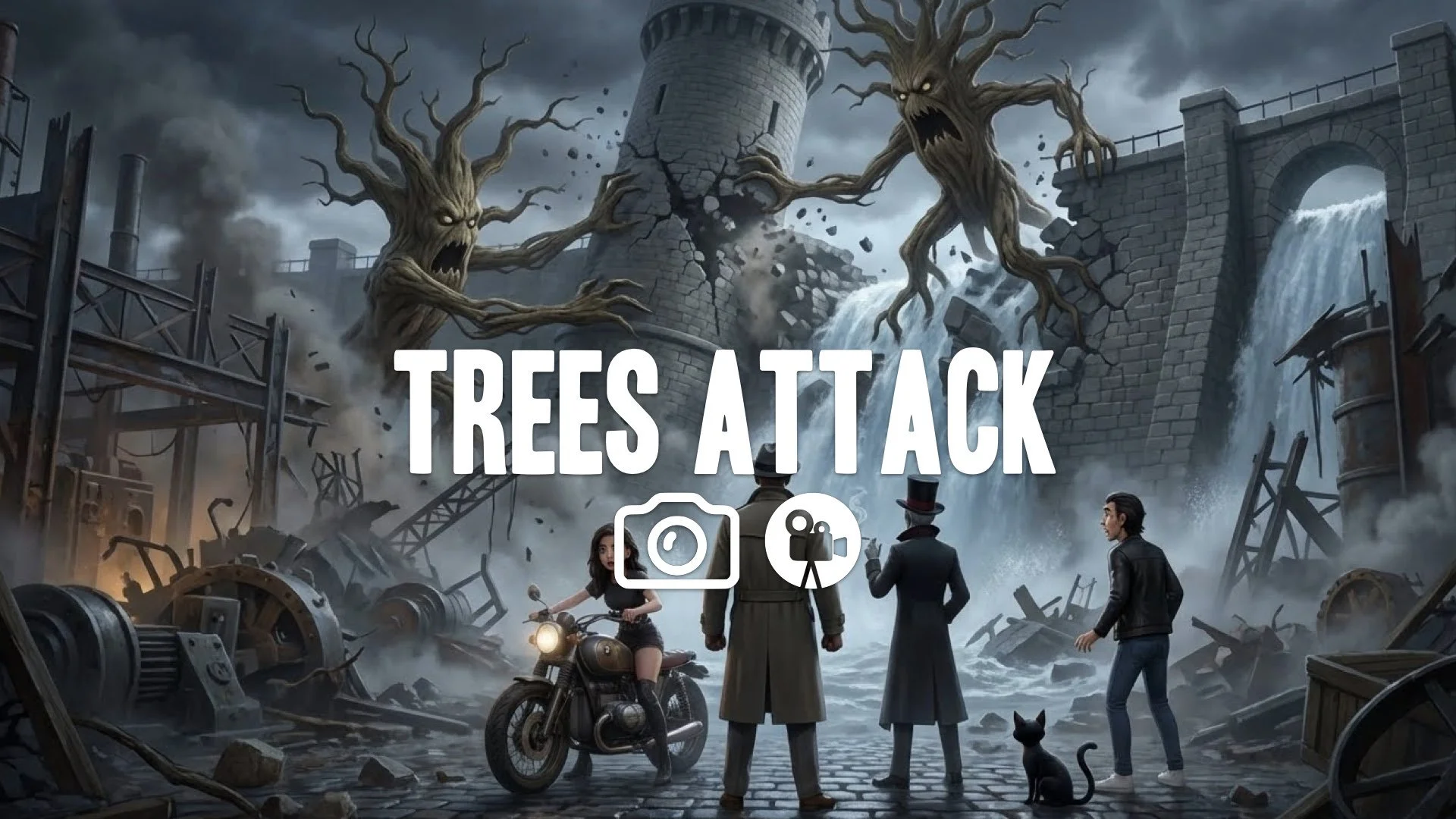 1. Walking trees attacking stone tower breaking dam water rushing destruction industrial ruin no music