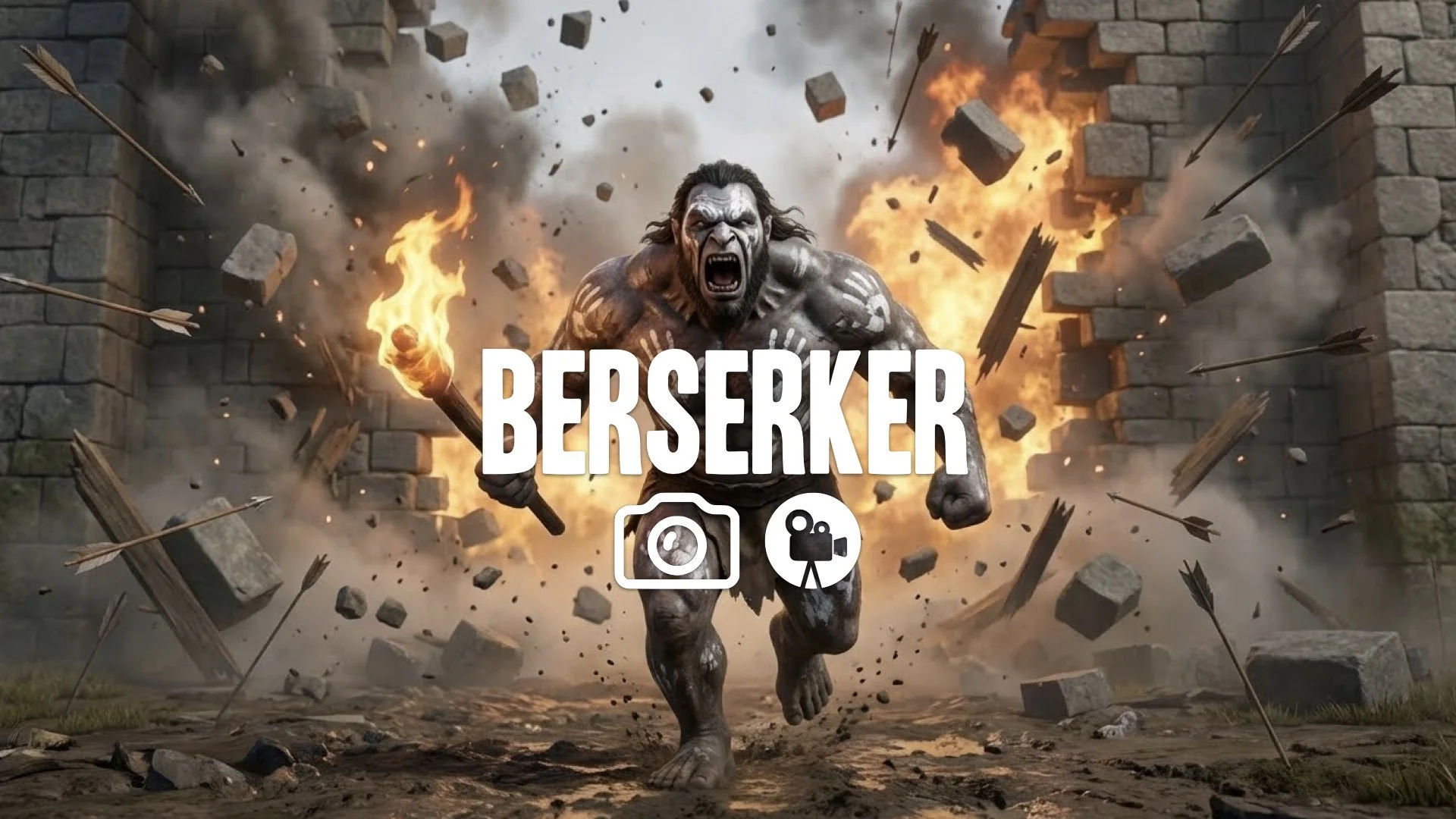 1. Uruk-hai berserker running with torch slow motion arrows flying wall explosion debris stone no music