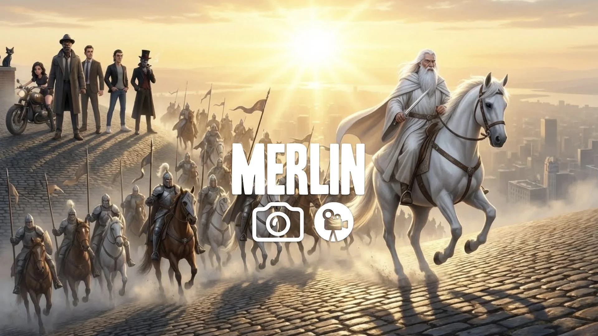 1. White wizard on white horse leading cavalry charge down steep hill sunrise blinding light no music