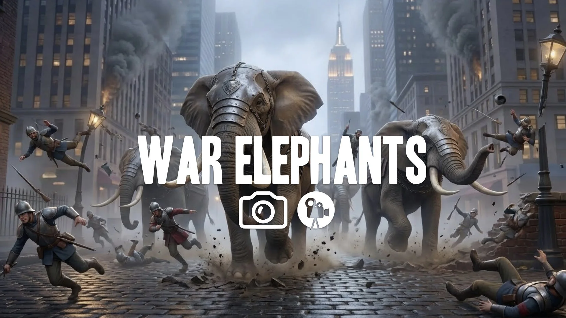 1. Giant war elephants charging stomping ground tusks sweeping soldiers flying chaotic battle no music