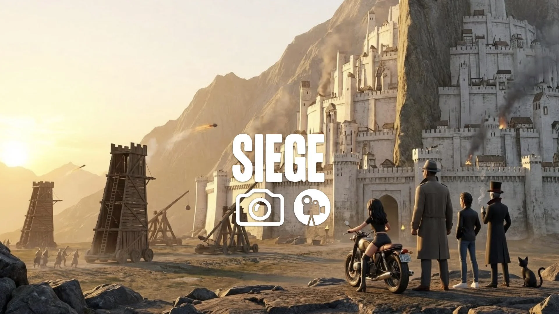 1. White city built into mountain tiers of stone sunrise siege towers approaching catapults no music