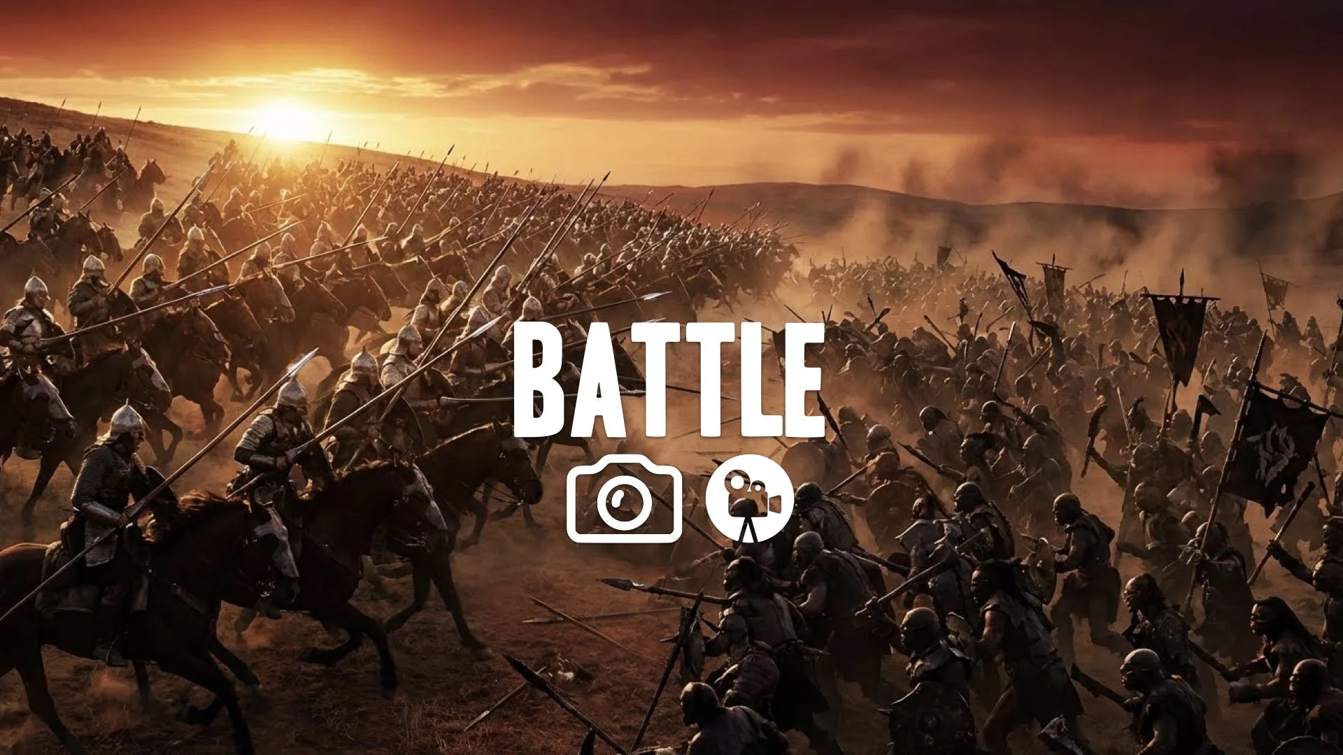 1. Massive cavalry charge thousands of horses line of spears sunset colliding with orc army no music