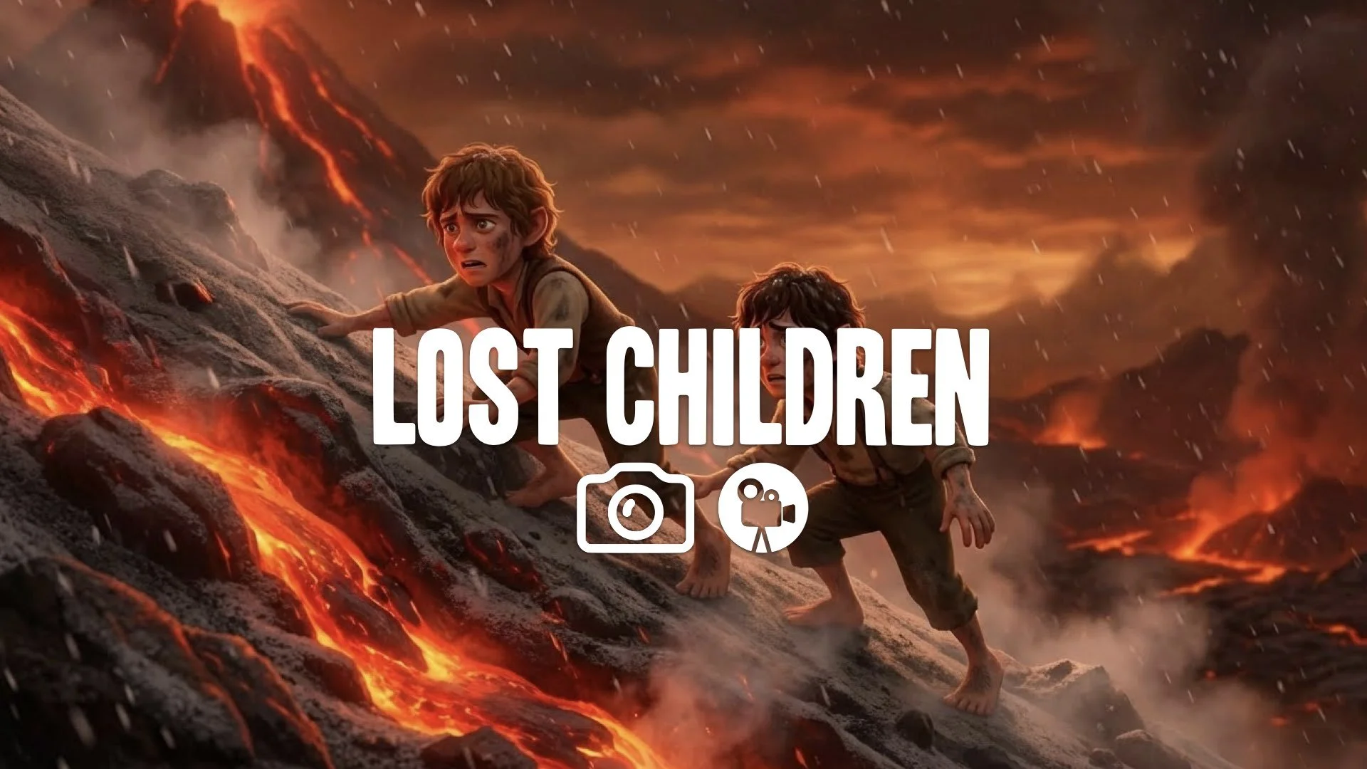 1. Two hobbits climbing volcano side ash falling lava flow red glow exhaustion desperate heat no music