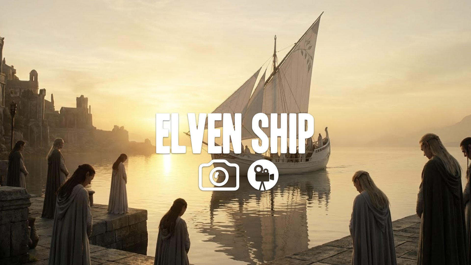 1. Elven ship sailing into sunset golden light grey havens emotional departure calm water no music