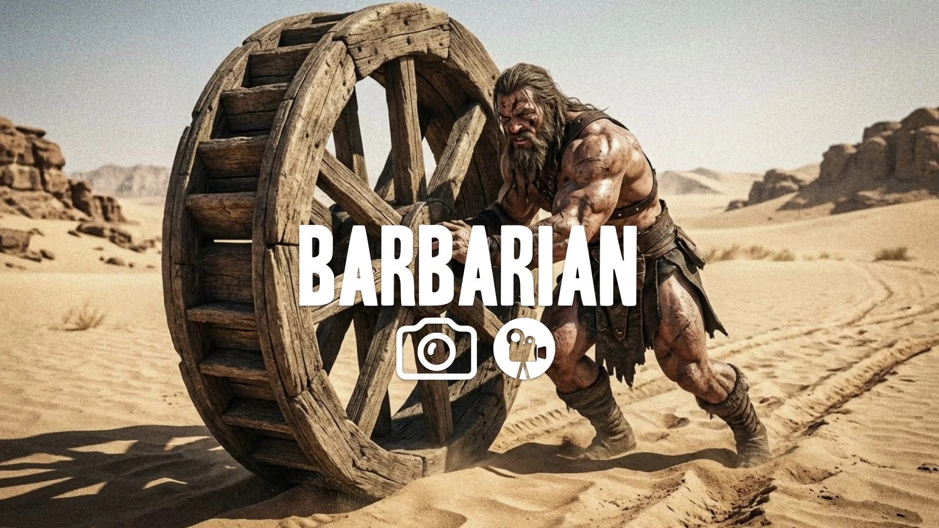 1. Muscular barbarian pushing giant wooden grain mill wheel in desert years passing muscles growing grit texture no music