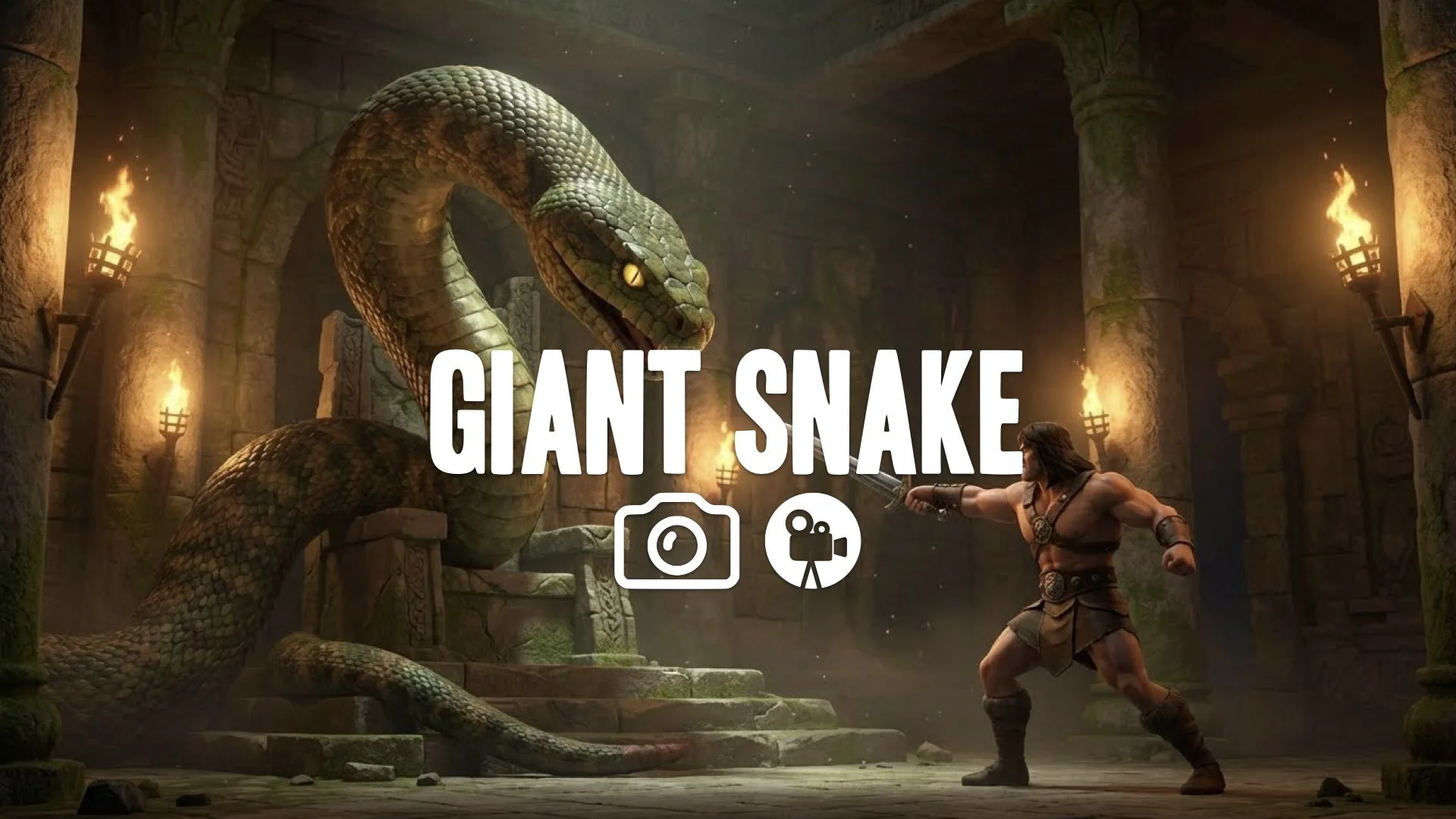 1. Giant snake in temple throne room barbarian fighting it with sword torchlight shadows ancient stone no music