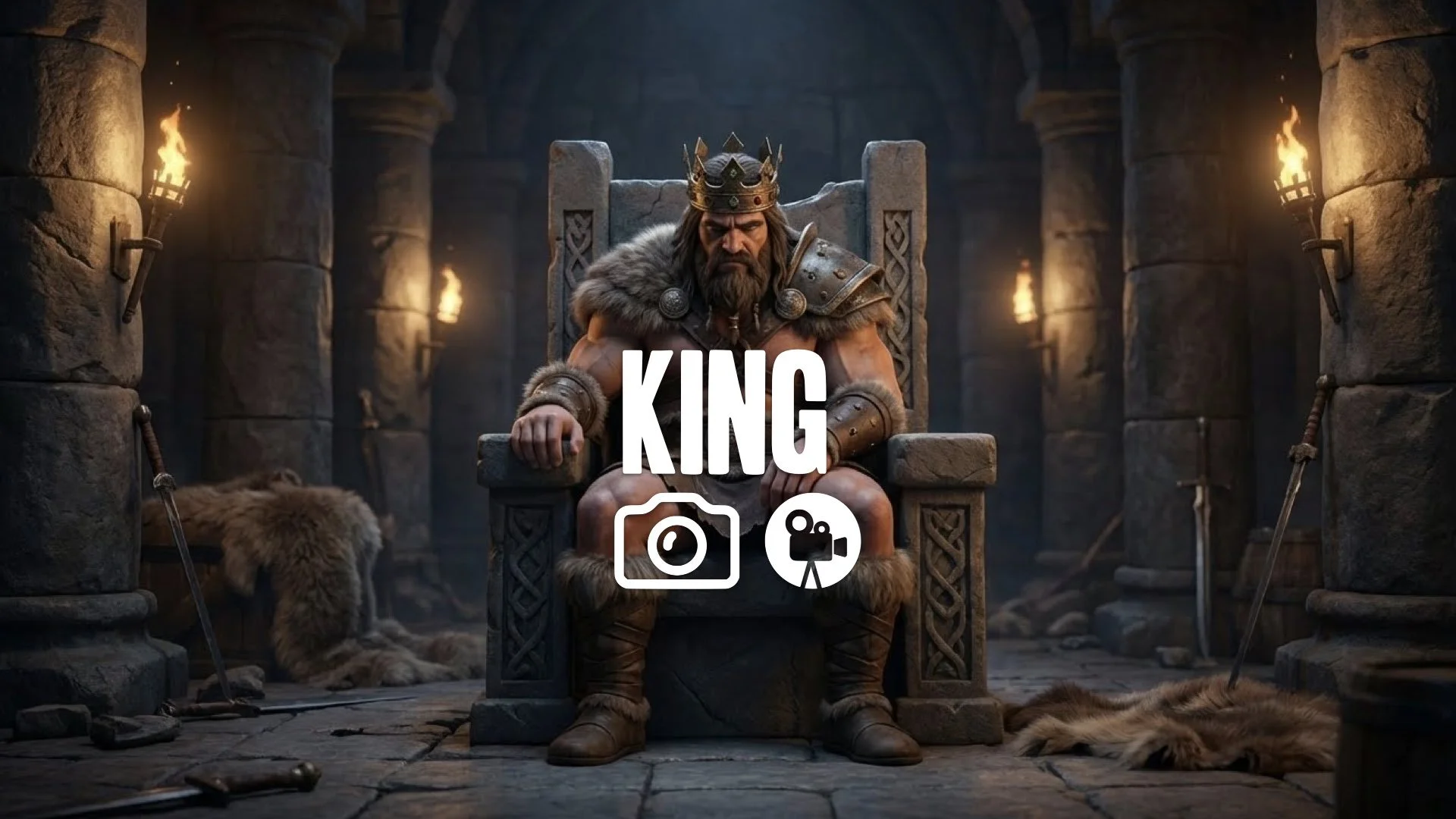 1. King barbarian sitting on throne heavy crown brooding expression muscular build stone hall fantasy no music