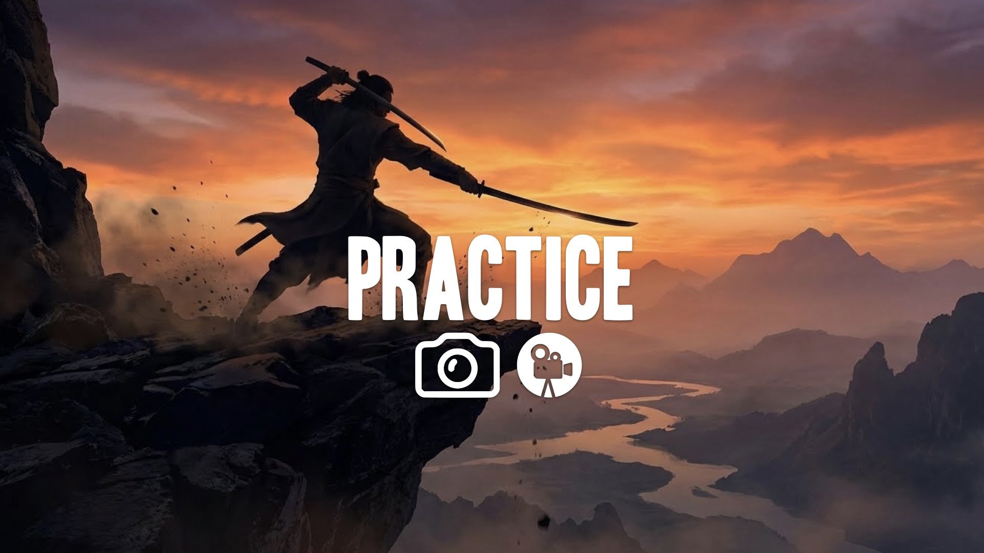1. Warrior practicing sword forms on rocky cliff sunset silhouette powerful movements epic fantasy landscape no music