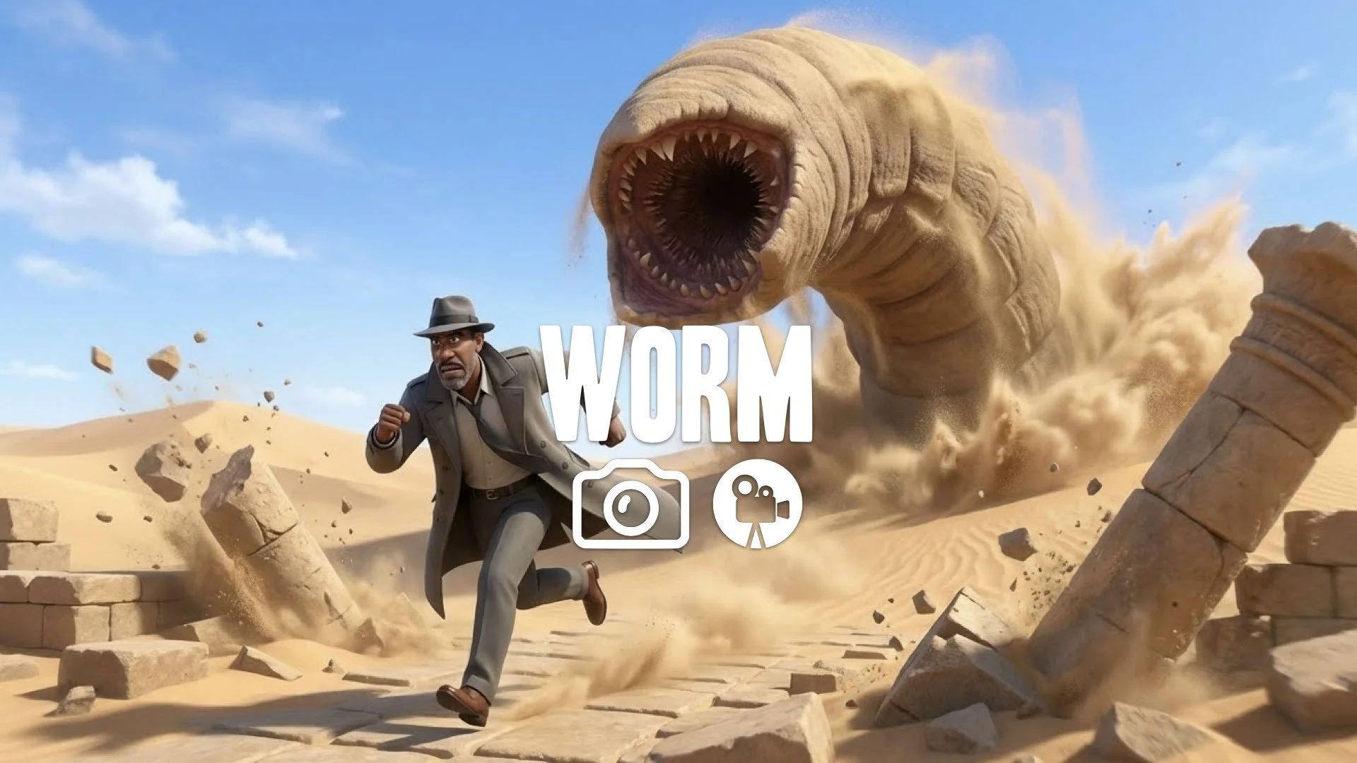 1. Giant worm monster chasing hero desert sand dunes crumbling ruins blue sky bright action no music