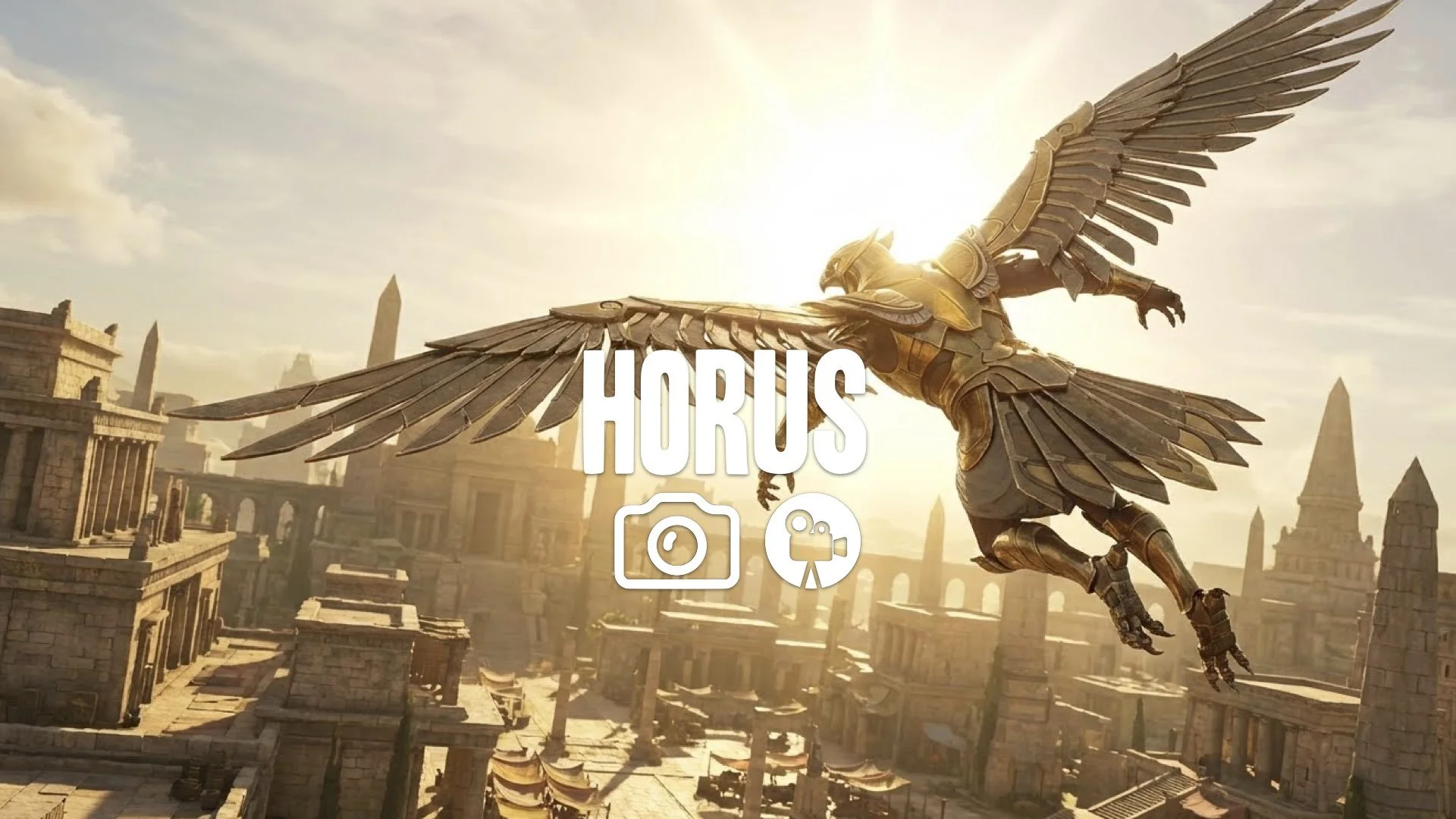 1. Golden armored god transforming into metallic falcon flying sun glare ancient fantasy city no music