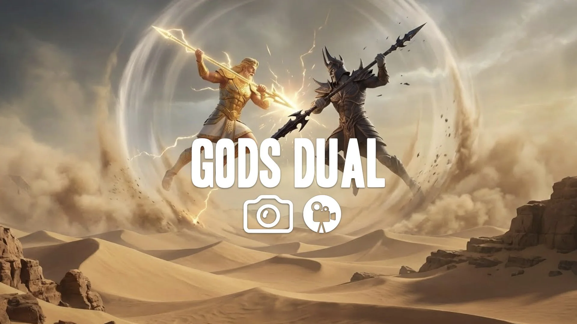 1. Two giant gods fighting mid-air spears clashing shockwave distortion desert background epic no music