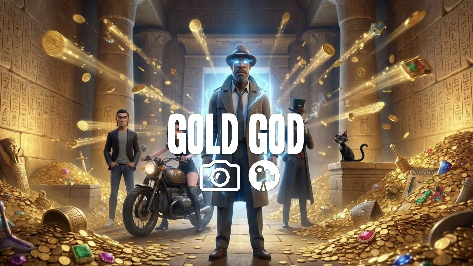 1. God with glowing blue eyes fighting set in pyramid treasure room gold coins flying slow motion no music