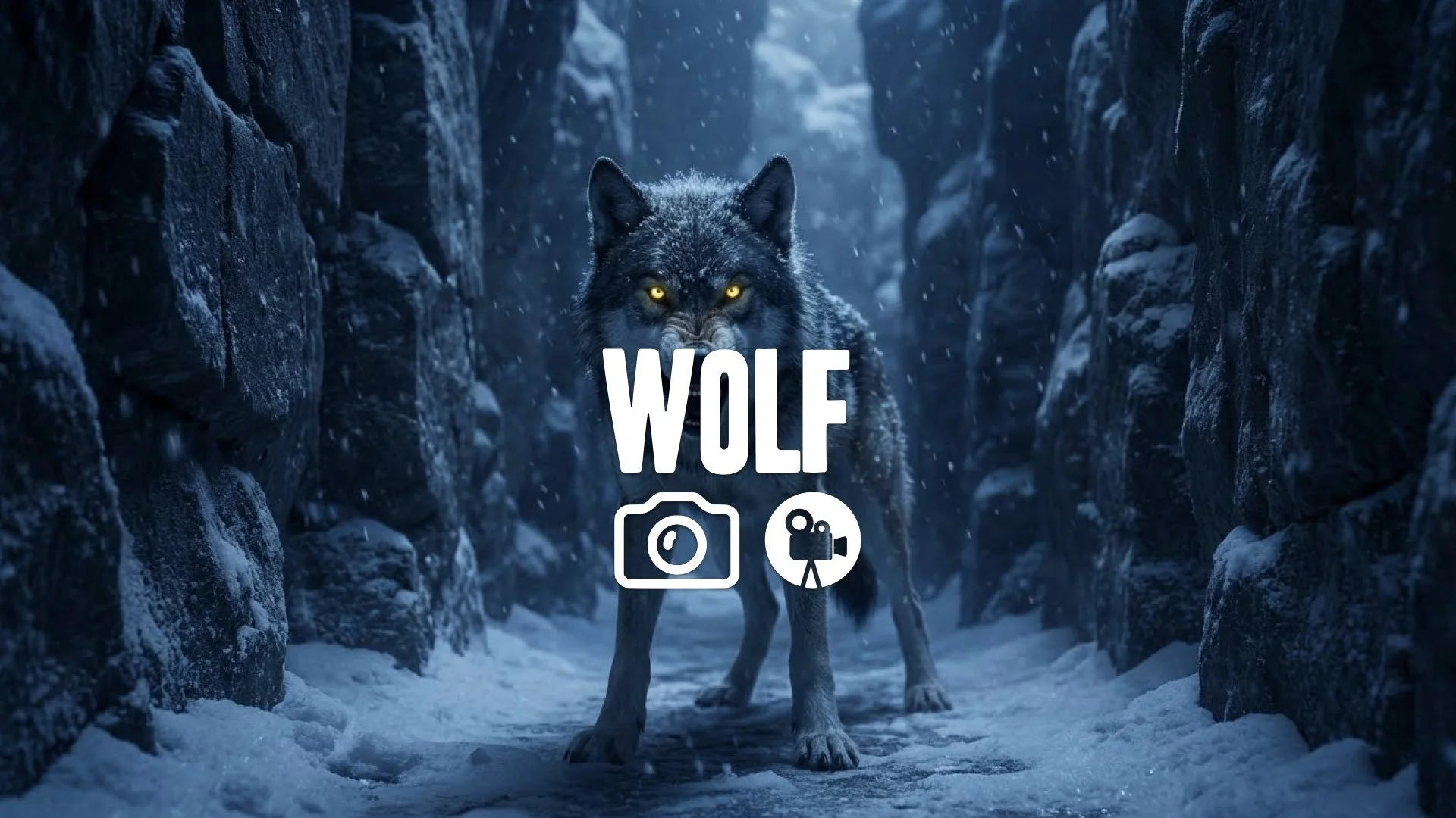 1. Wolf with glowing eyes growling in narrow rock passage snow falling dark blue filter menace no music