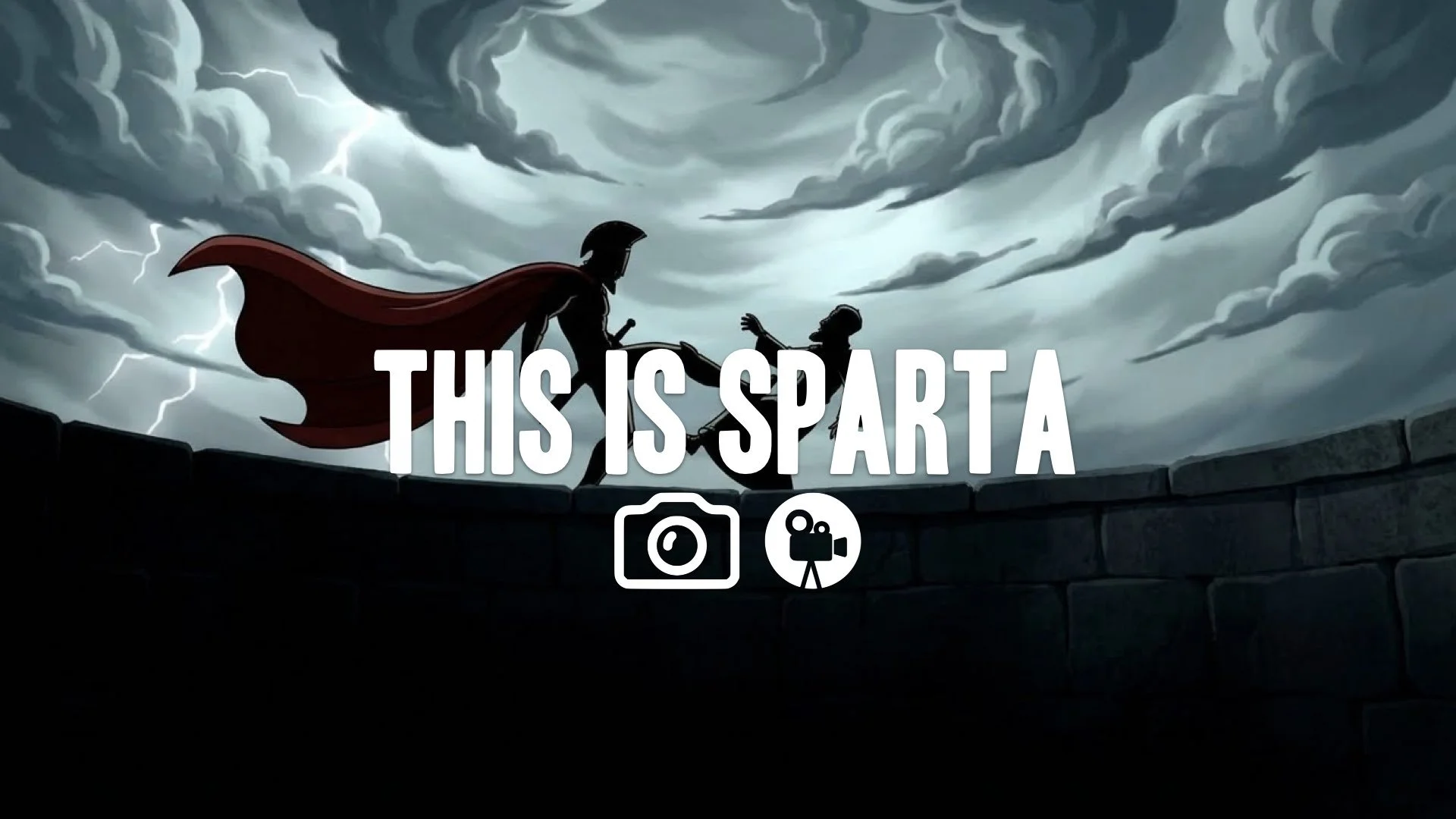 1. Spartan king kicking messenger into deep dark pit slow motion silhouette cape flowing stylized sky no music