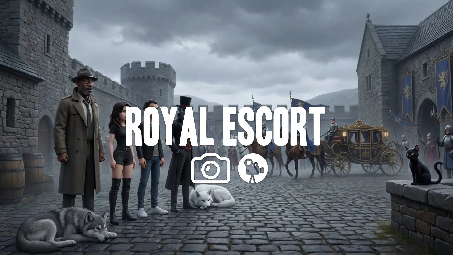 1. Royal procession arriving at stone castle courtyard northern family lined up Direwolf pups at feet grey sky no music