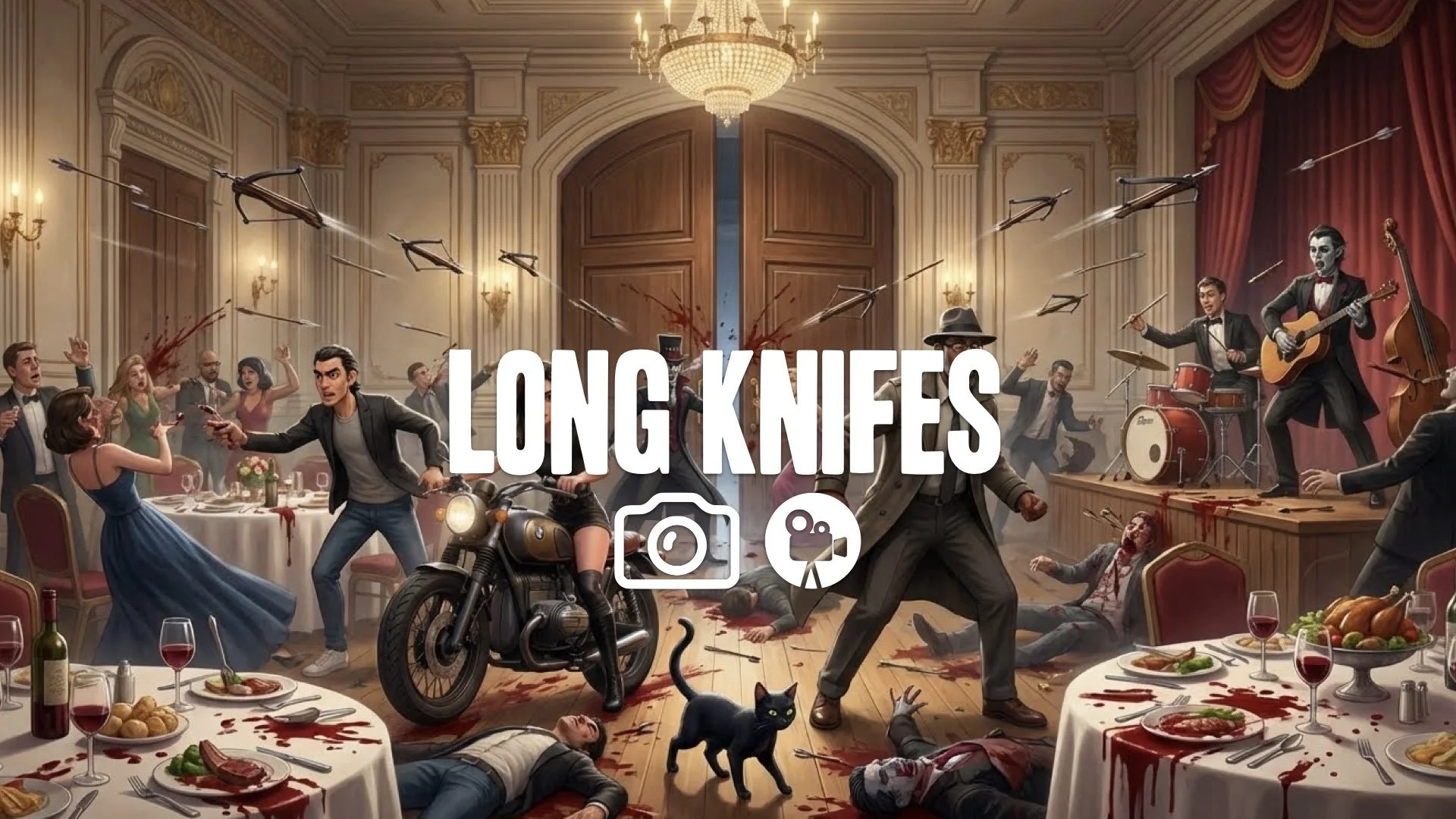 1. Banquet hall doors closing crossbows firing musicians playing slaughter chaos blood wine spilling tragic no music