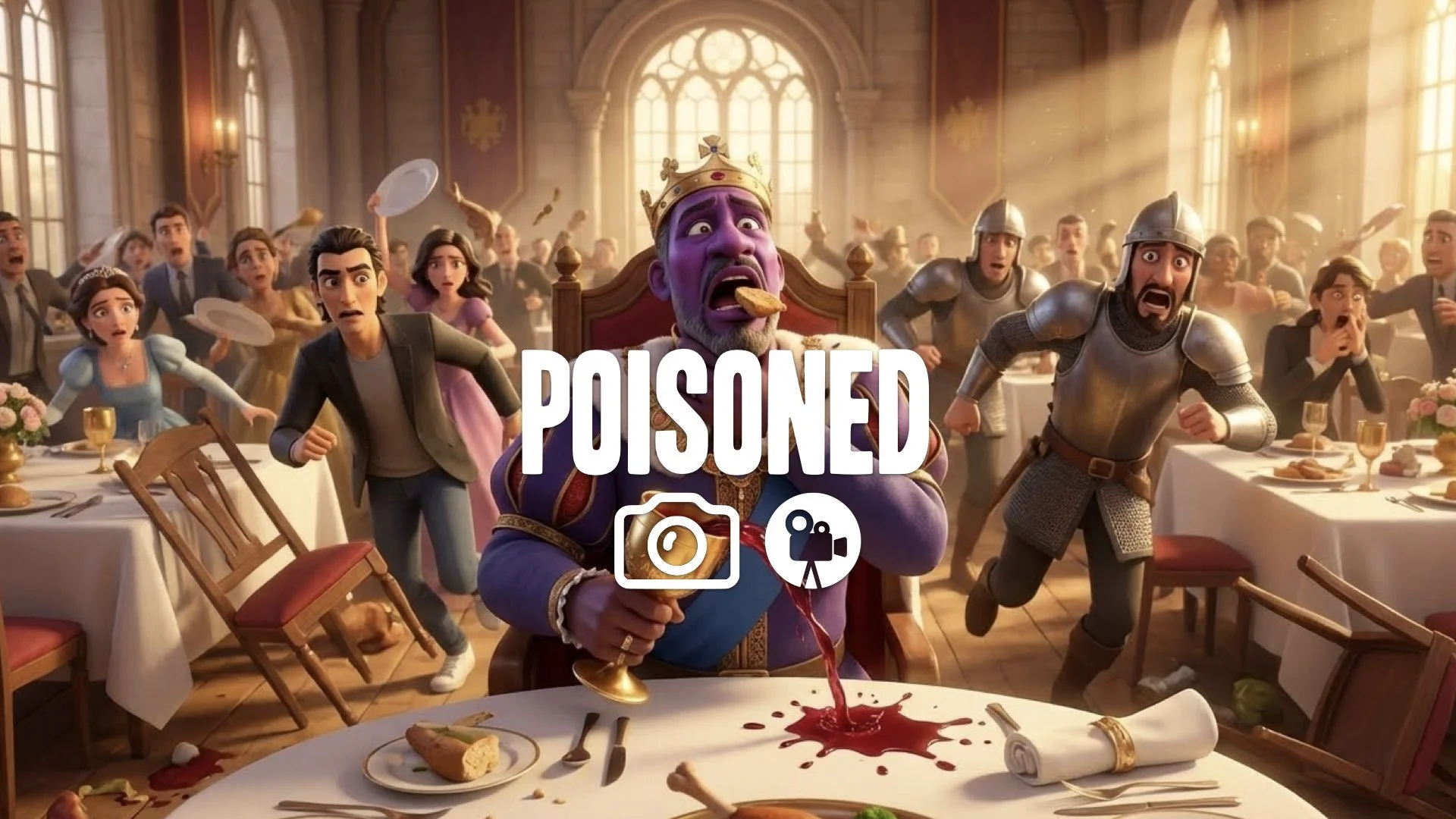 1. Royal wedding feast king choking purple face wine goblet spilling crowd panicking chaos sunny day no music