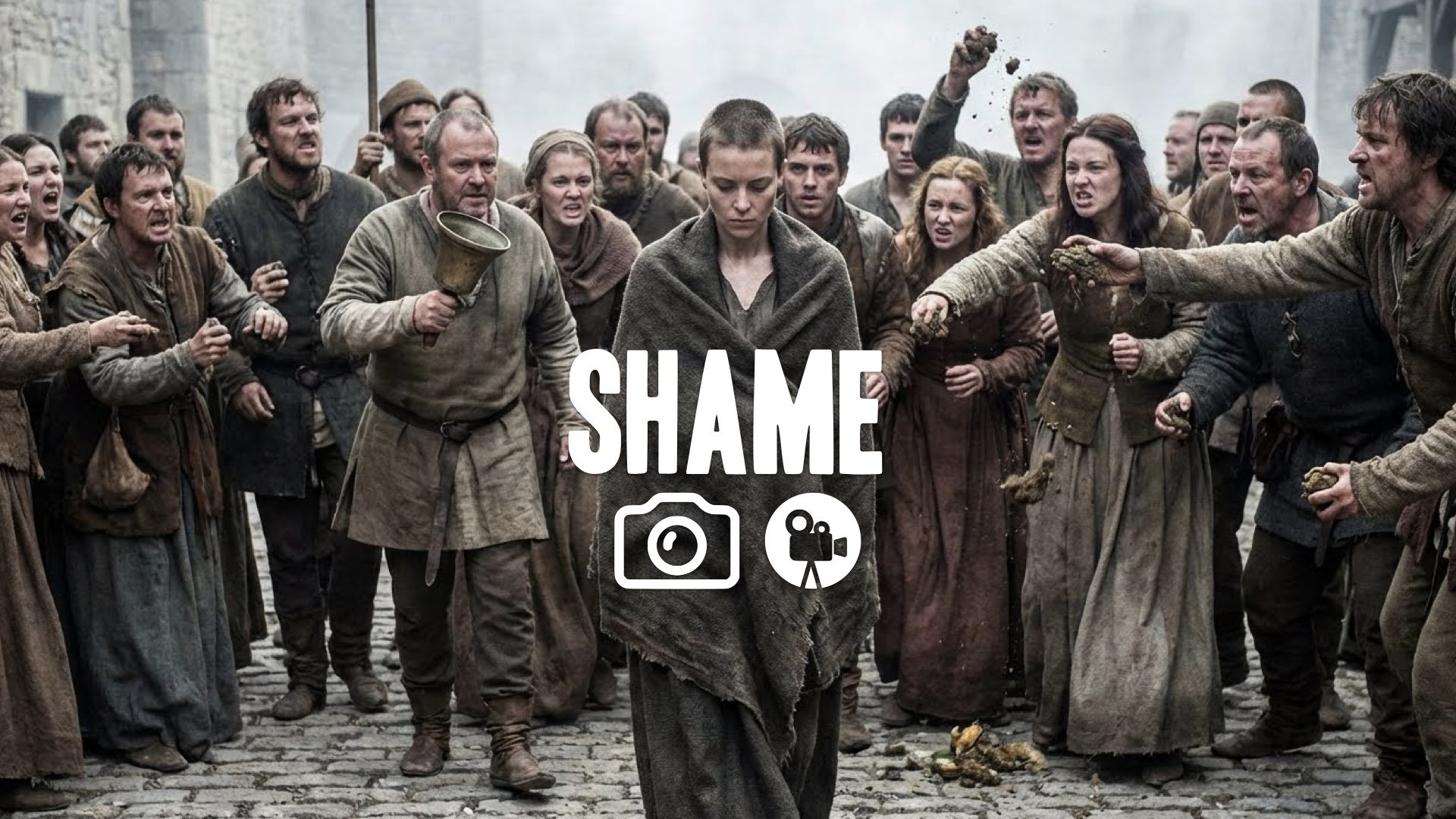 1. Queen with short hair walking naked through crowd jeering throwing filth shame bell ringing gritty realism no music