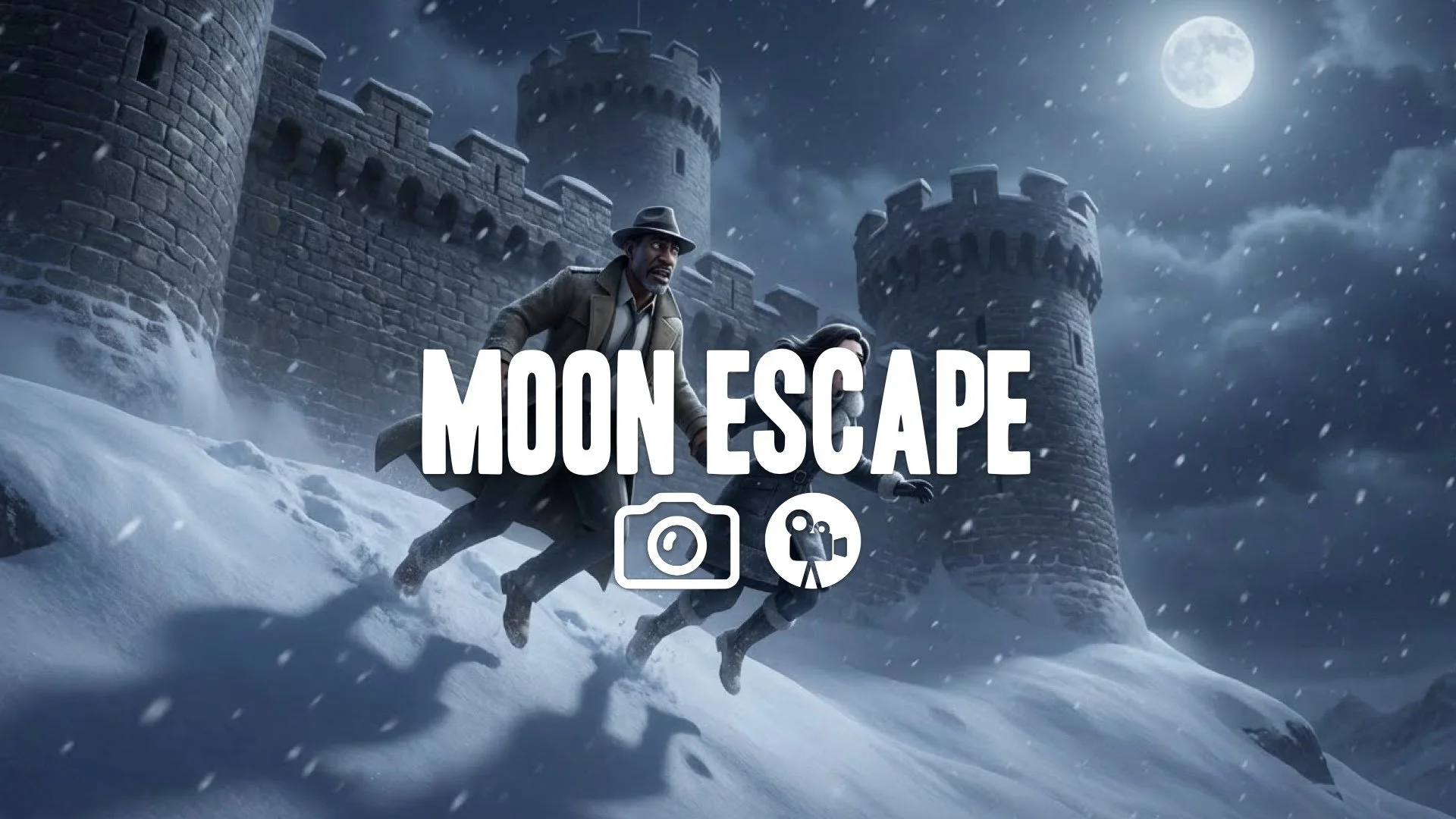 1. Man and woman holding hands jumping off high castle wall into deep snowdrift night escape desperation no music